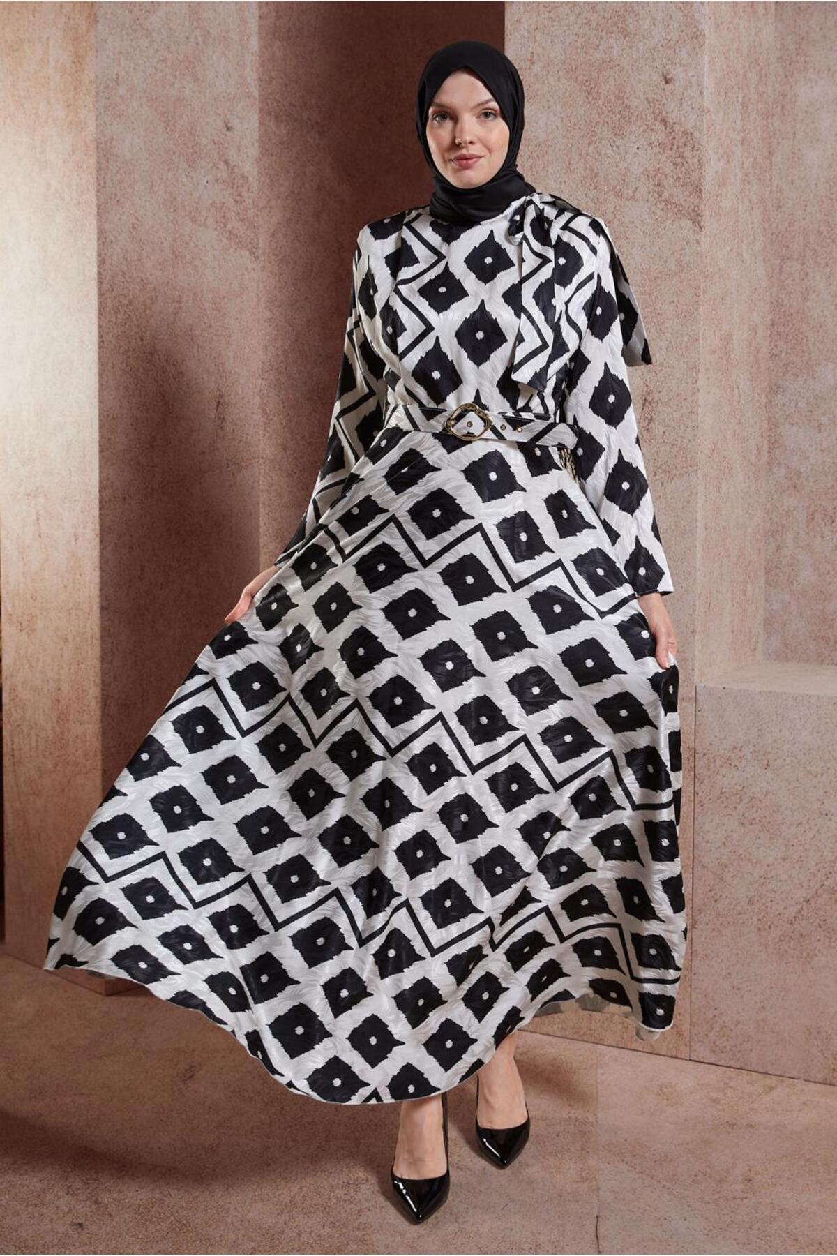 آلوینا لباس مجلسی ساتن ژاکارد با کمربند ۴۴۵۵۵