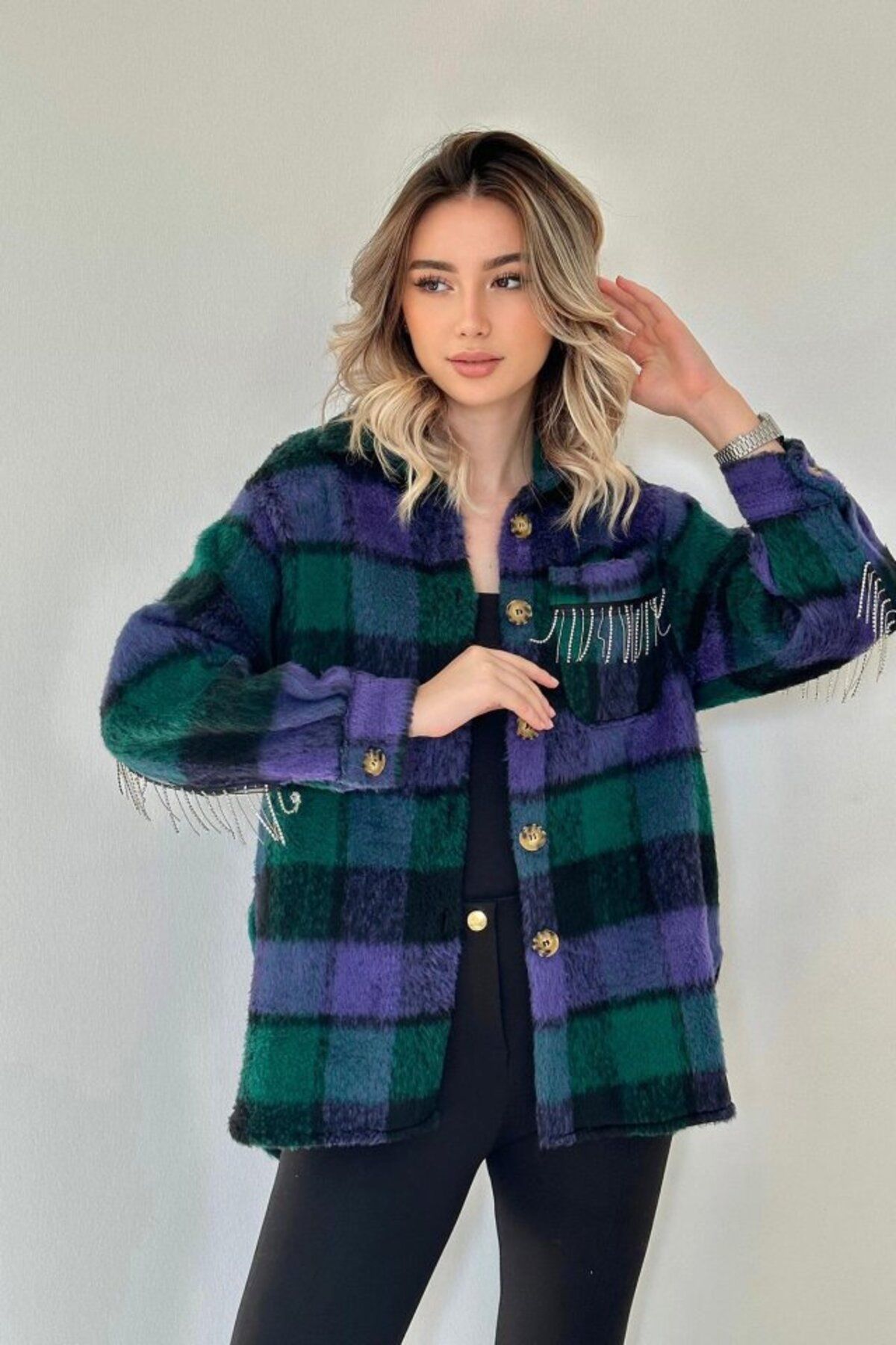 velmorafashion Mor Buklet Cepli Zincir Taşlı Gömlek