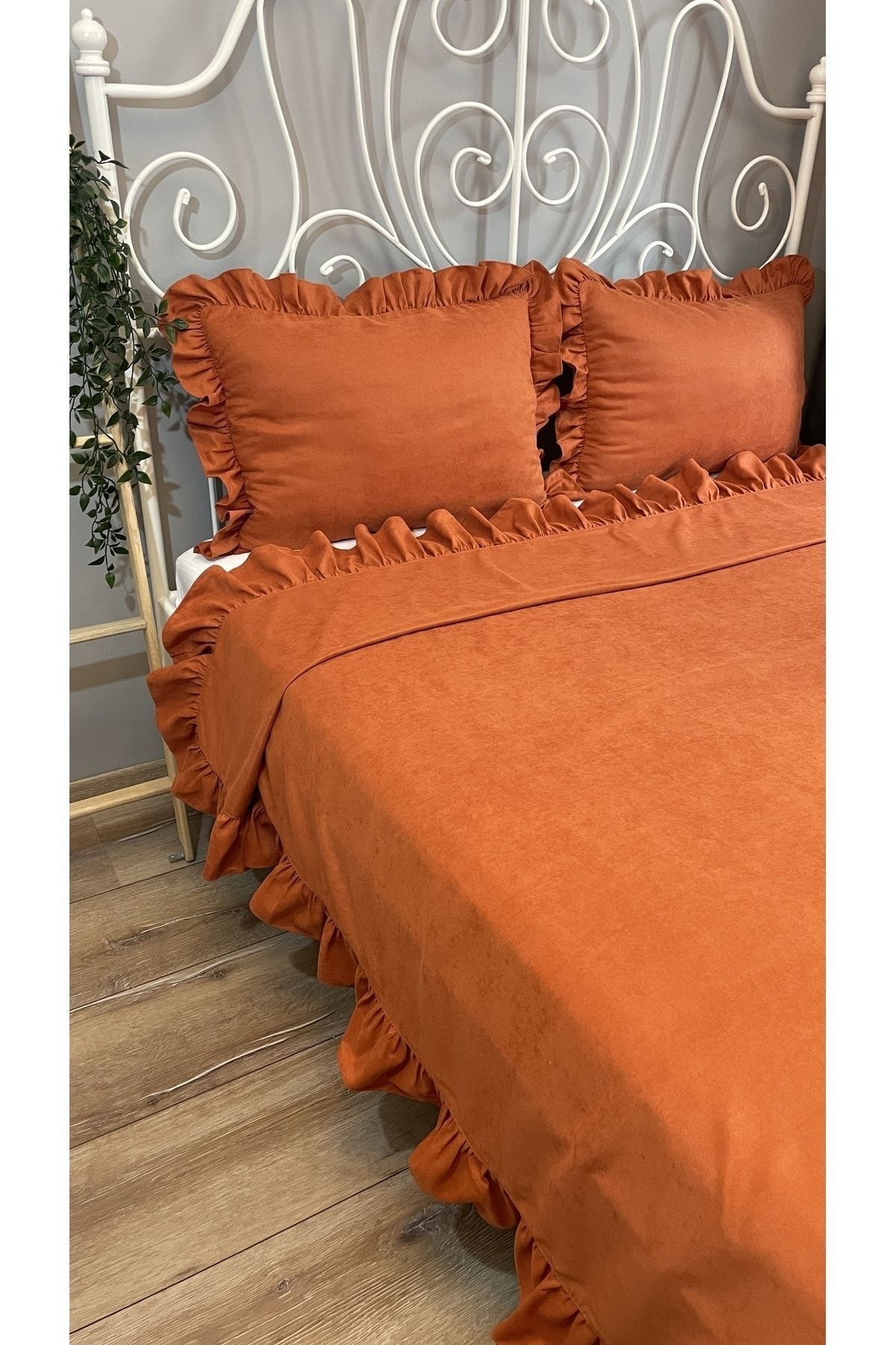 Decamor home-Tile Cinnamon Color Ruffle Bedspread Set Double 7