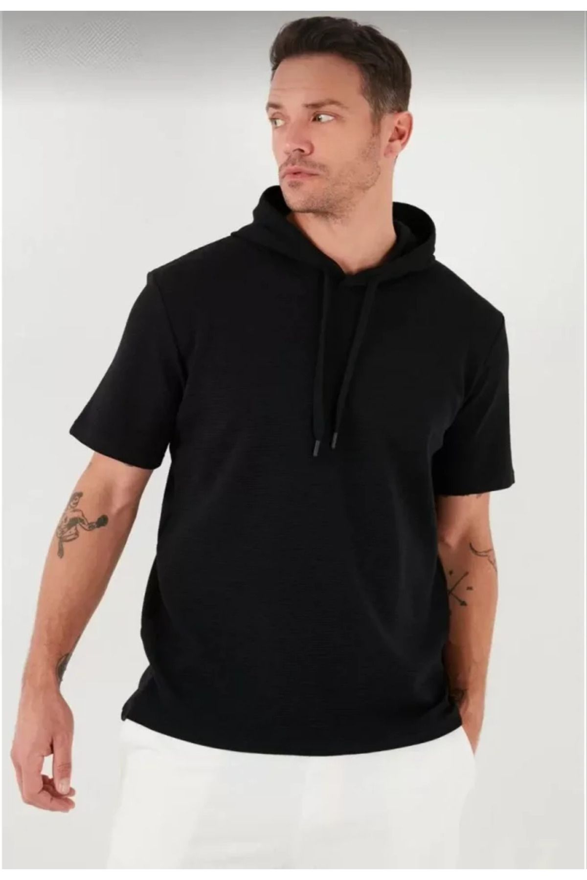 Asap Unisex Kapşonlu Kısa Kol Düz Oversize T-shirt - Siyah
