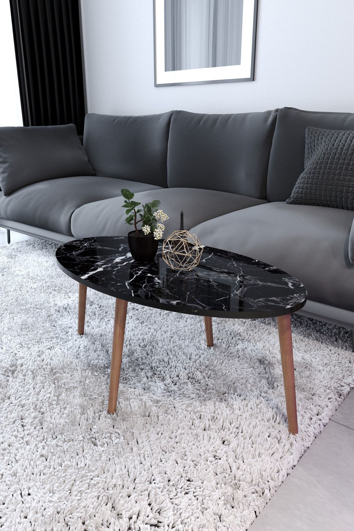 Tokyo Coffee Table Wooden Leg Coffee Table - Black Marble Pattern