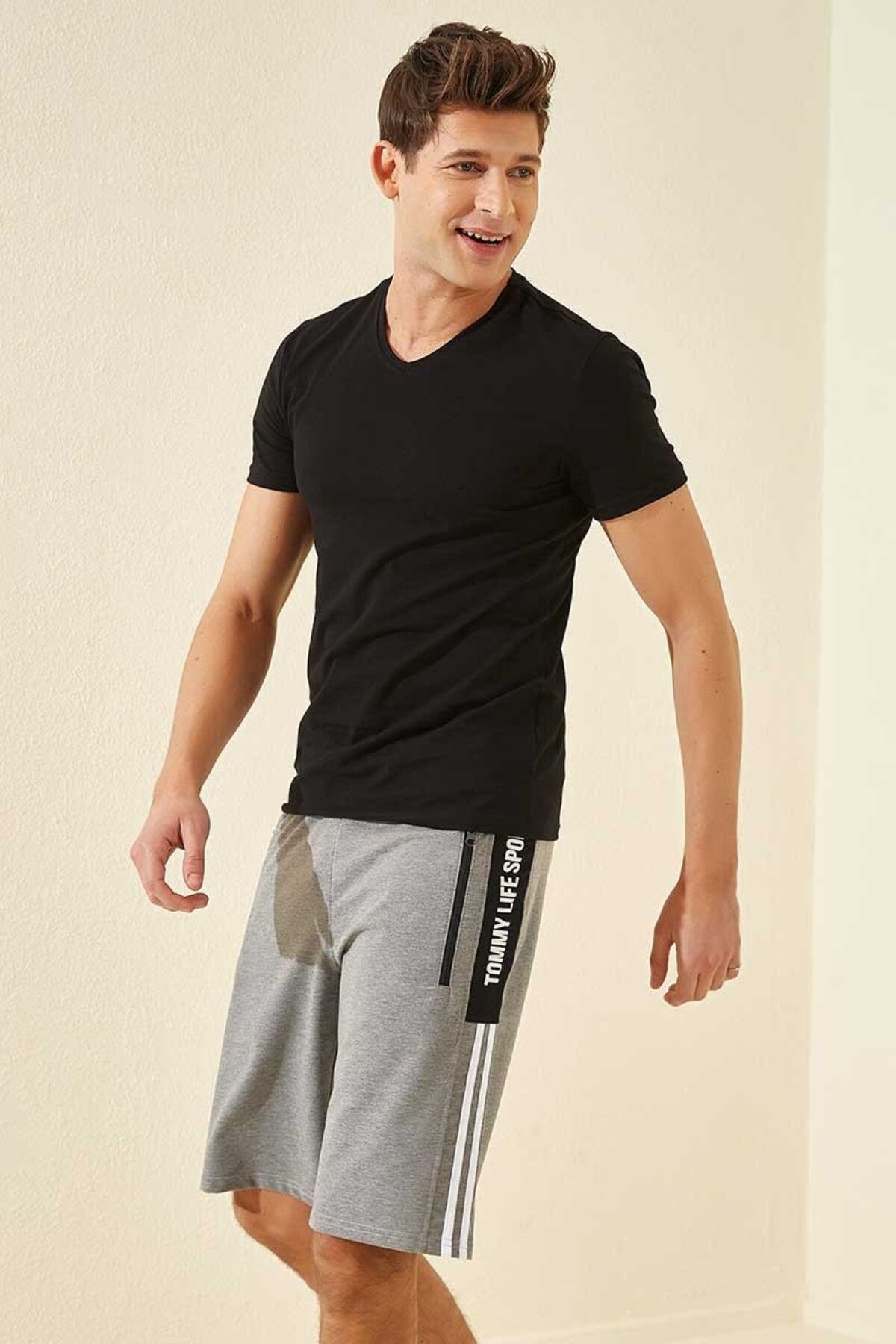 TOMMY LIFE-Pantaloni scurți cu imprimeu gri Melange pentru bărbați - Dungă laterală, potrivire standard - 81145 4