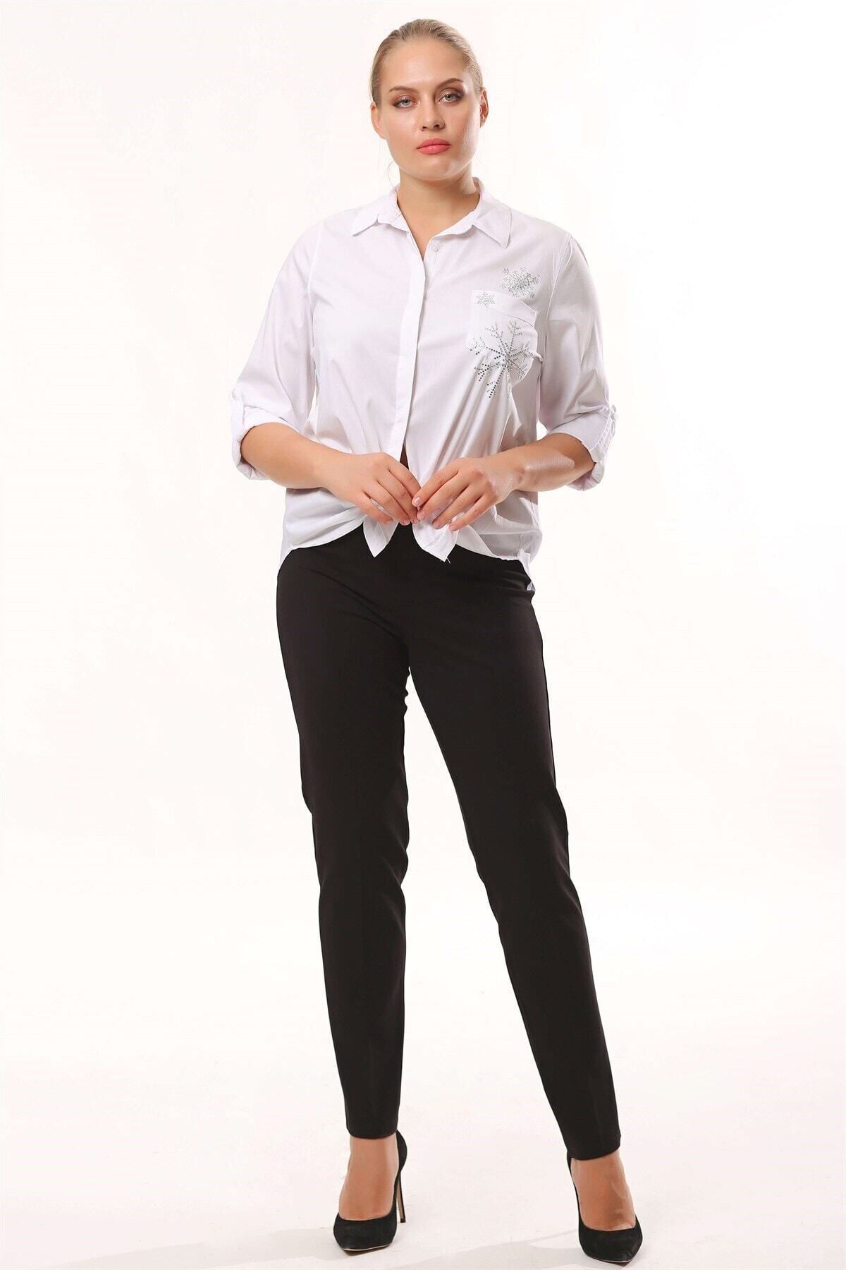 SERTUĞ-Black Trousers with Elastic Waist and Back Corsage 5