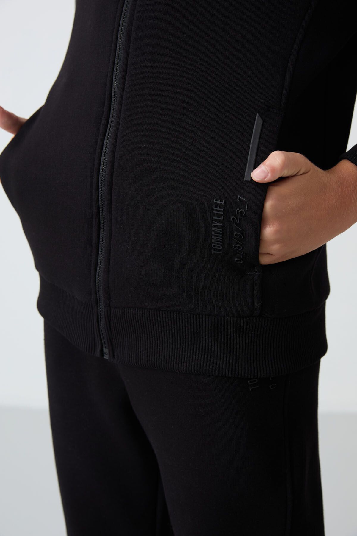 TOMMY LIFE-Boy's Tracksuit Set - Black Cotton, Thick Fur Inside, Soft Textured Embroidery - 11240 5