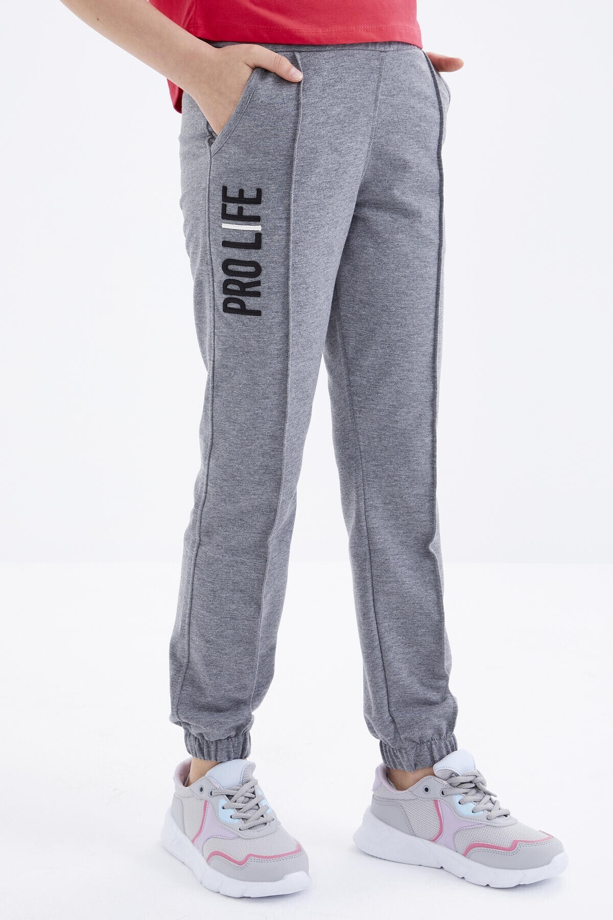 TOMMY LIFE-Gray Melange Embroidered - Lace-Up Girl's Sweatpants, Elastic Leg - 75050 4