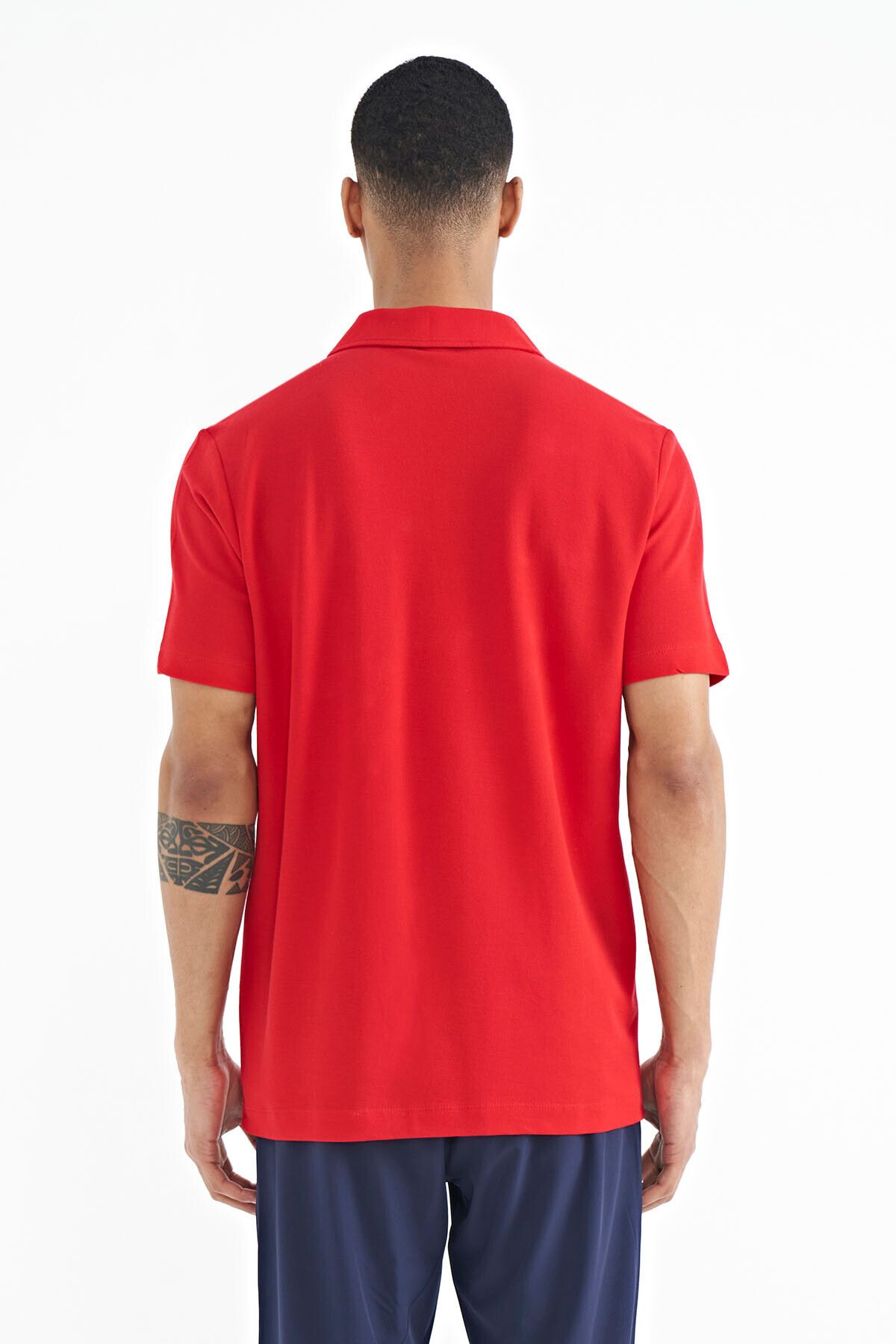TOMMY LIFE-Red Polo Neck Logo Embroidered Standard Form Men's T-shirt - 88237 5