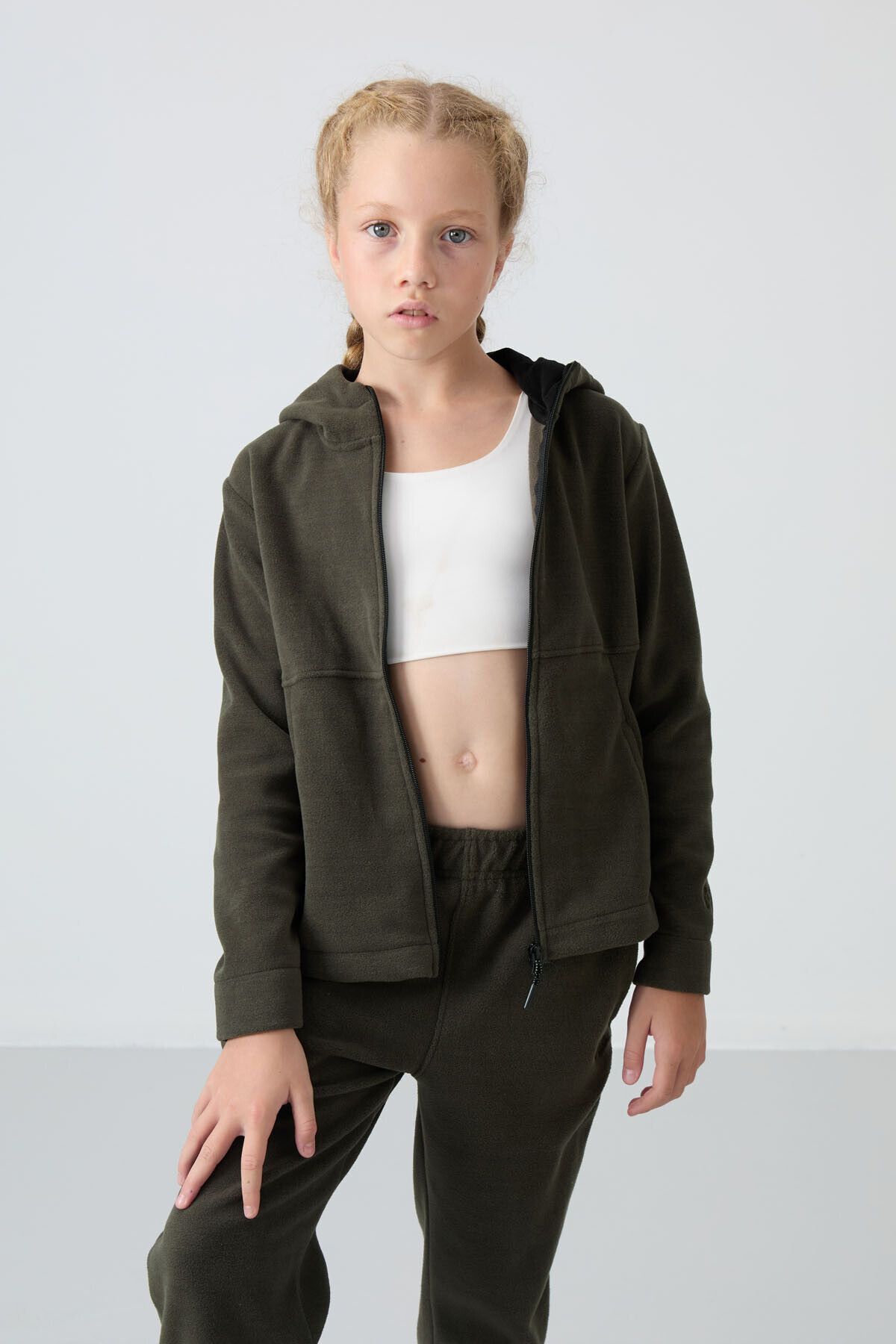 TOMMY LIFE-Girl's Embroidered Khaki Fleece Sweatshirt - Thick Soft Textured, Standard Fit - 75152 2