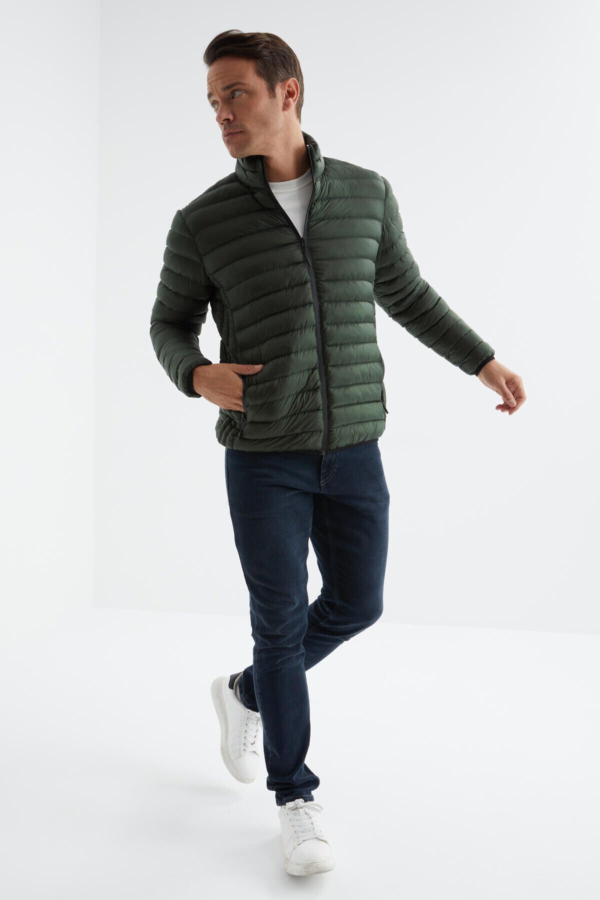 TOMMY LIFE-Khaki Zippered Standard Fit Cold Resistant Men's Puffer Coat - 88166 4