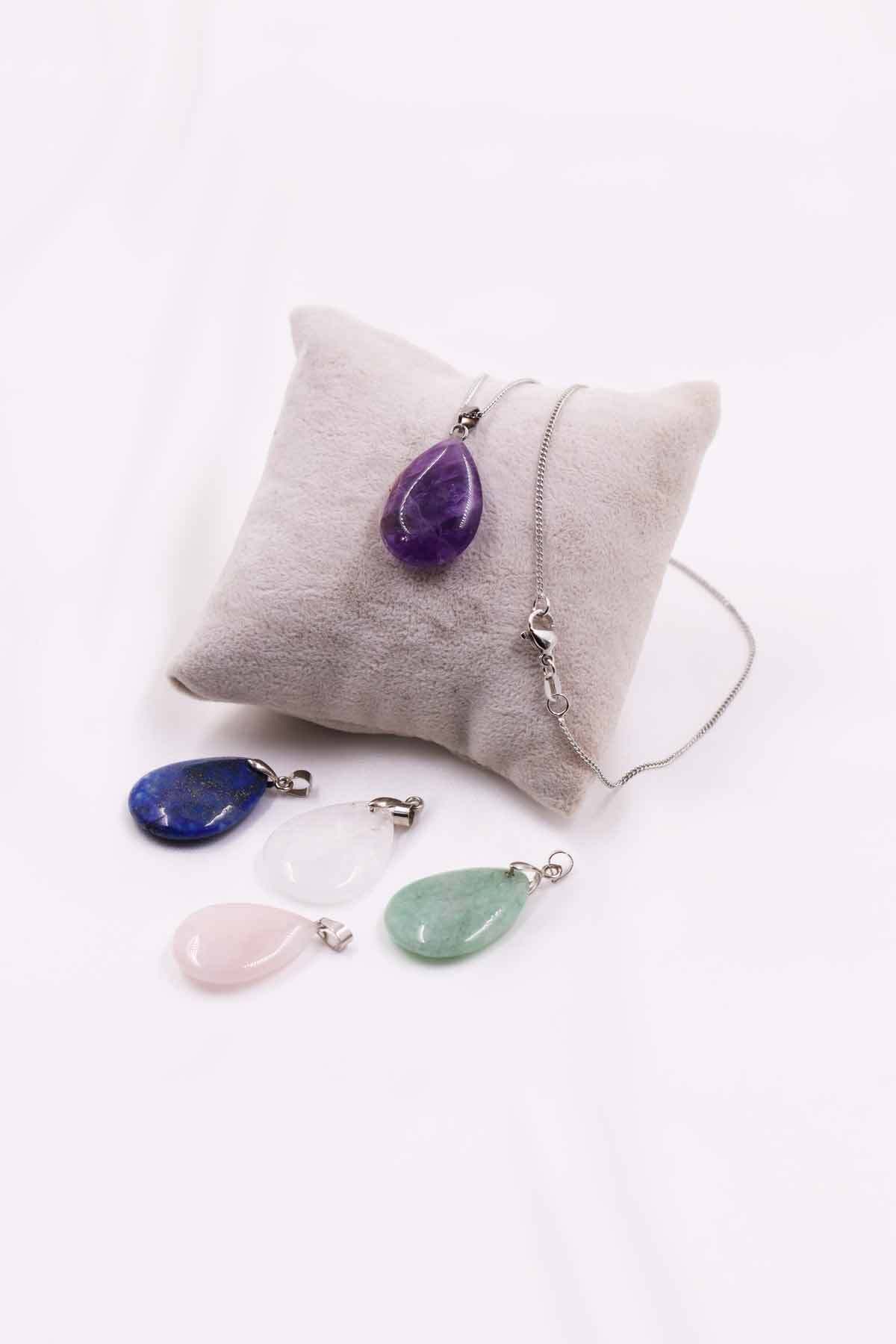 Lapis Lazuli-Pink Quartz-Crystal Quartz-Amethyst-Aventurine Natural Stones Drop Model Necklace Set of 5