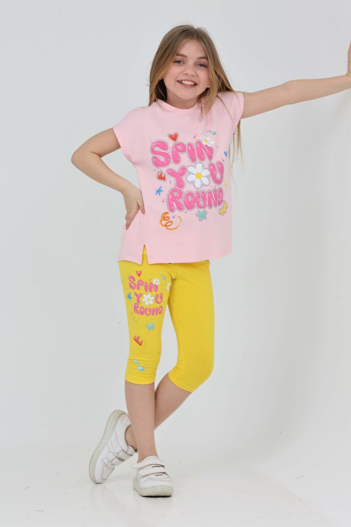 LupiaKids-Floral and Text Printed Girl's 2-Piece Set - T-Shirt & Leggings - Pink & Yellow Summer Comfortable Combination 5