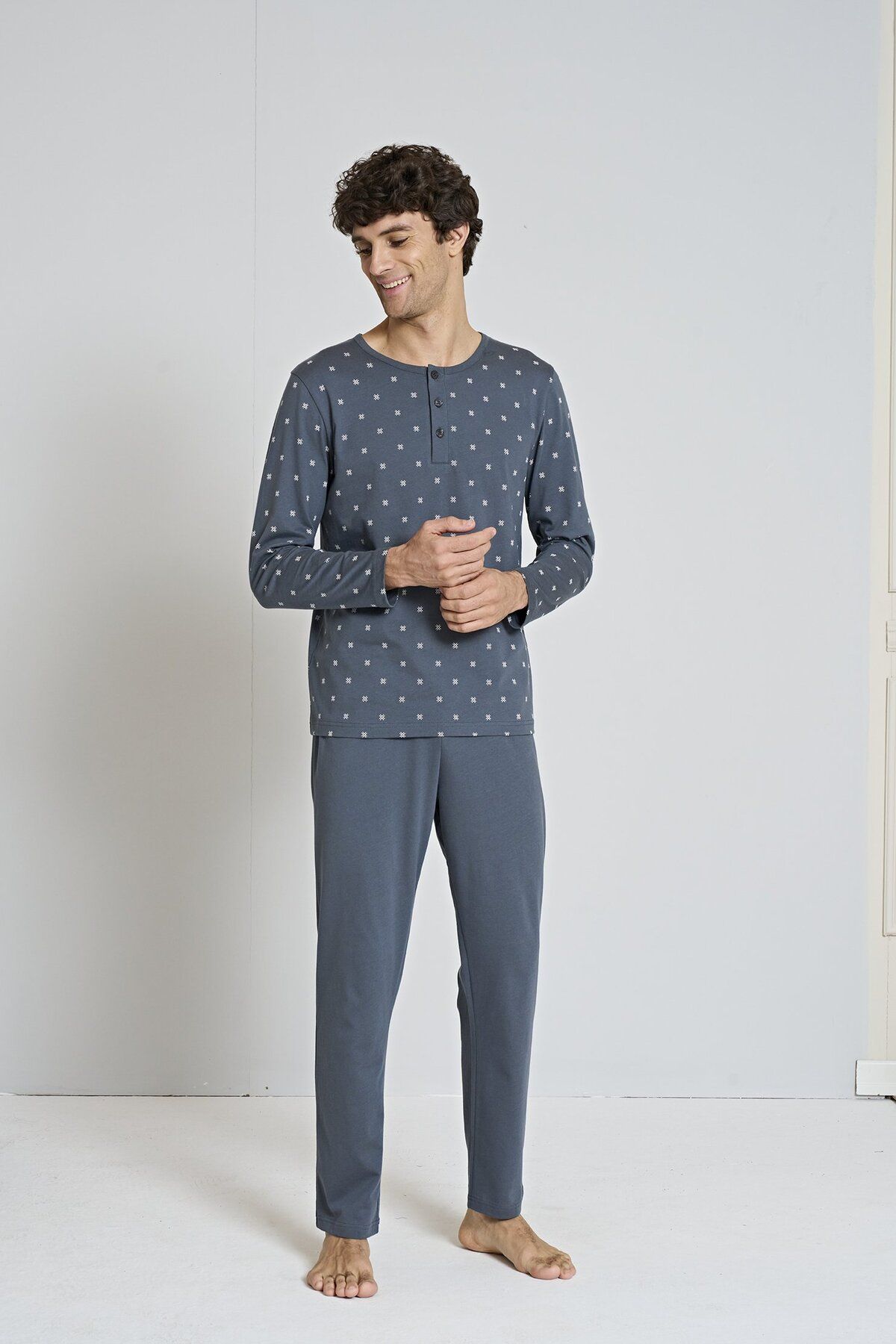 EGETEKS Erkek Lacivert Basic Geometrik Desen Yaka Dügmeli Uzun Kollu Pijama Takımı