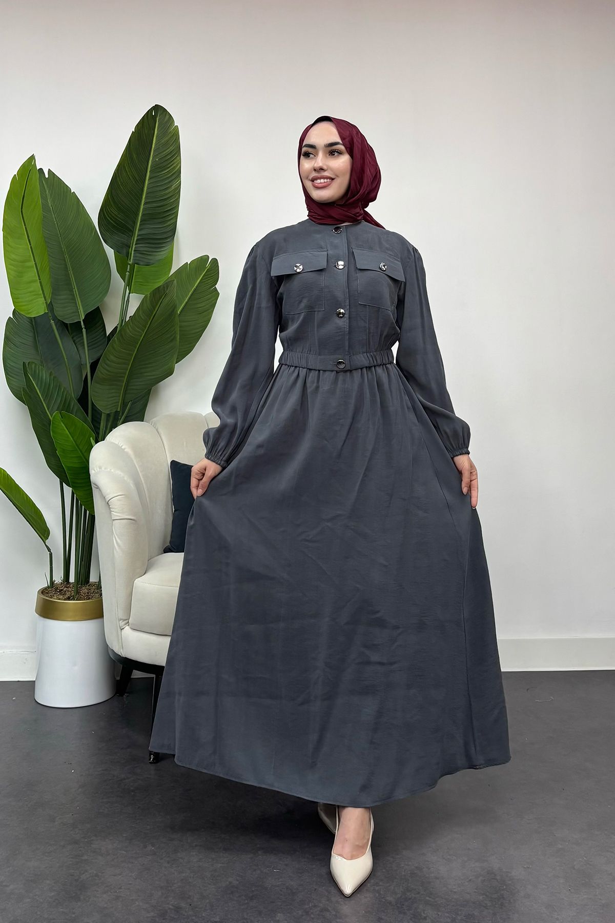 Tesettür Diyarı-Women's Button Detailed Two-Piece Suit - Anthracite 1
