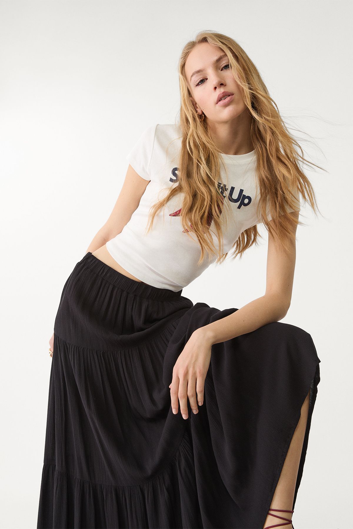 Stradivarius-Ribbed Midi Skirt Linen Effect 2