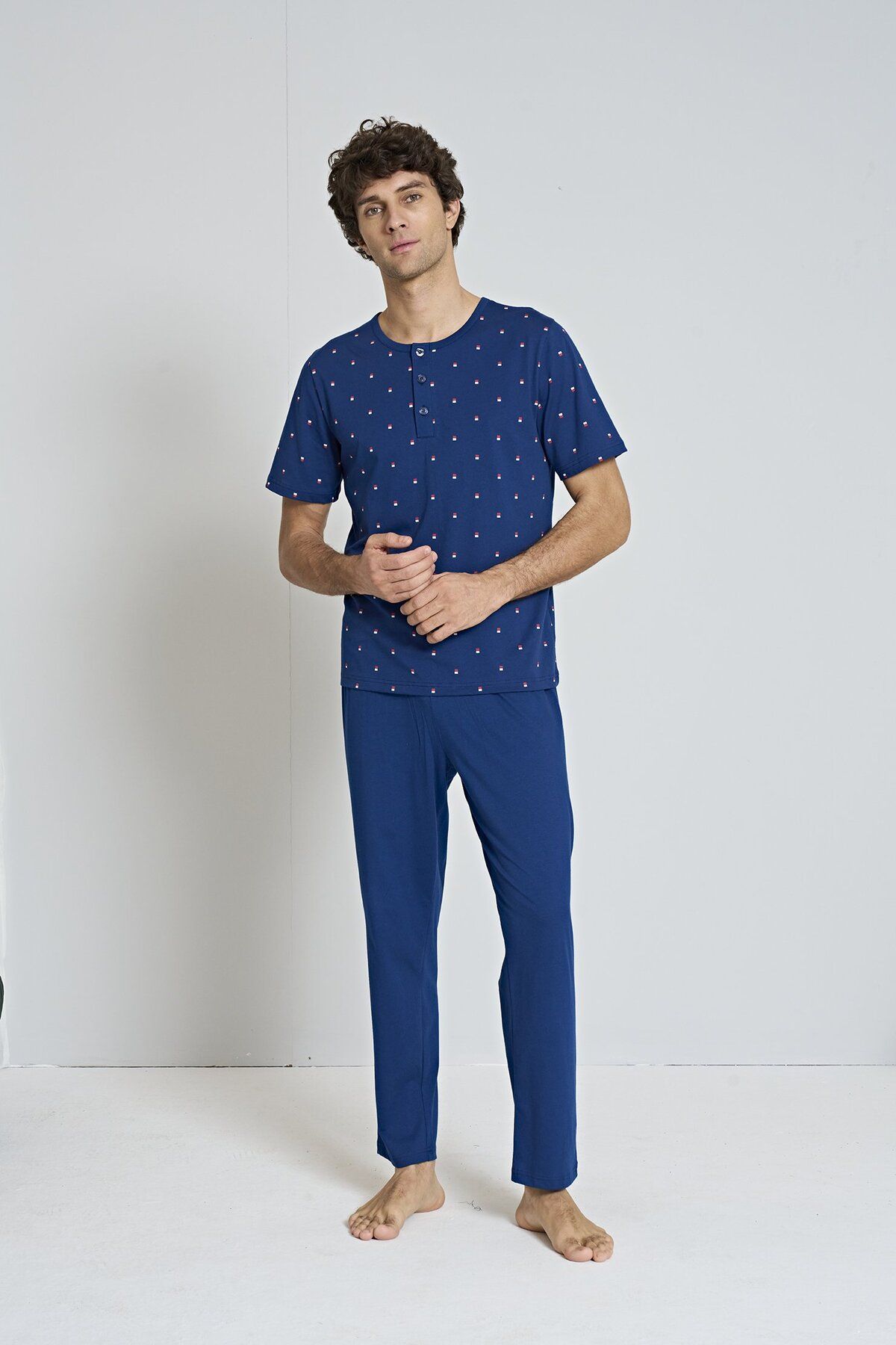 EGETEKS Erkek Siyah Basıc Geometrik Desen Yaka Dügmeli Kısa Kollu Pijama Takımı