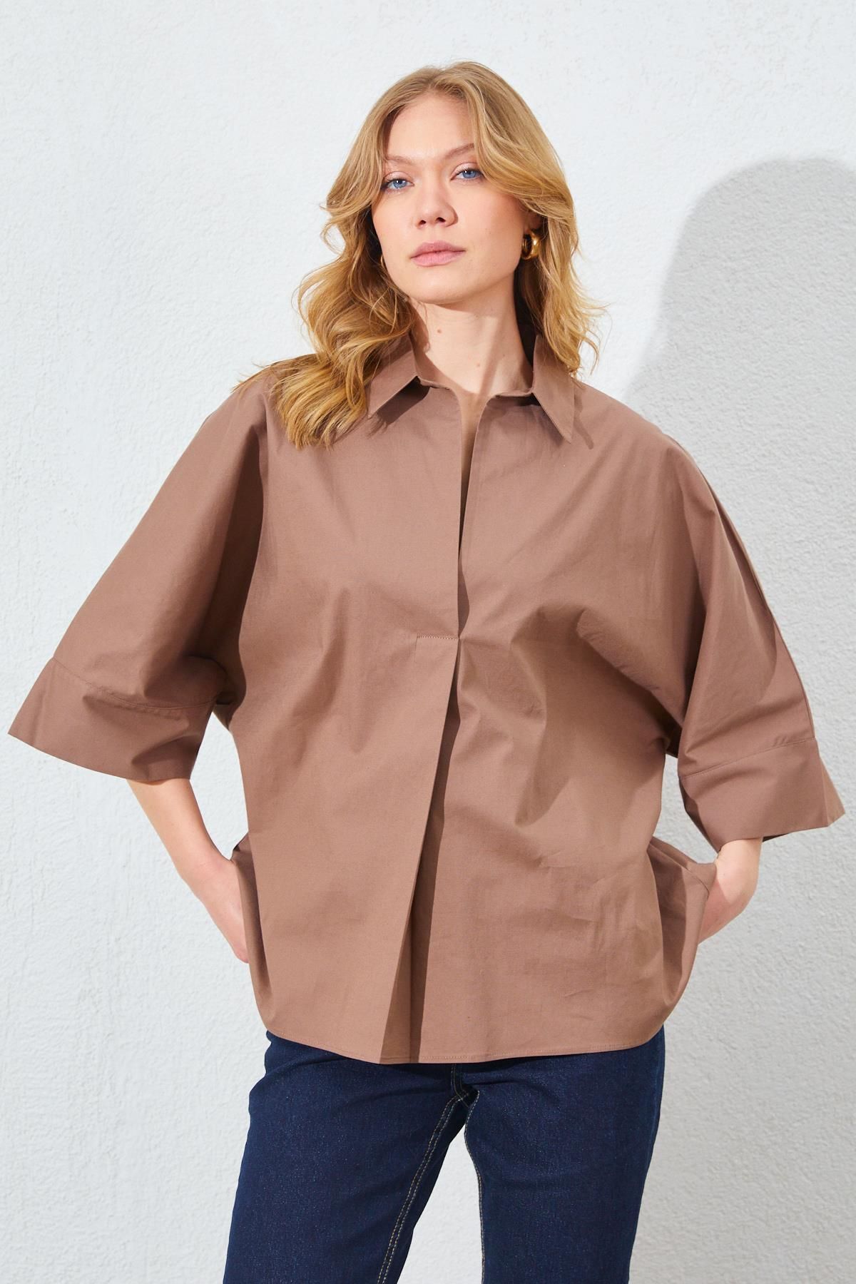 TENA-Women's Brown Low Sleeve Front Placket Loose Cut Shirt 2