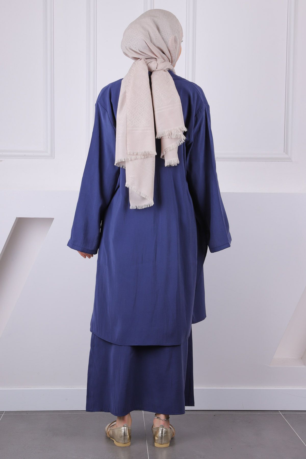 İmajButik-Set combinat rochie tunică cu șnur cu talie bleumarin 3