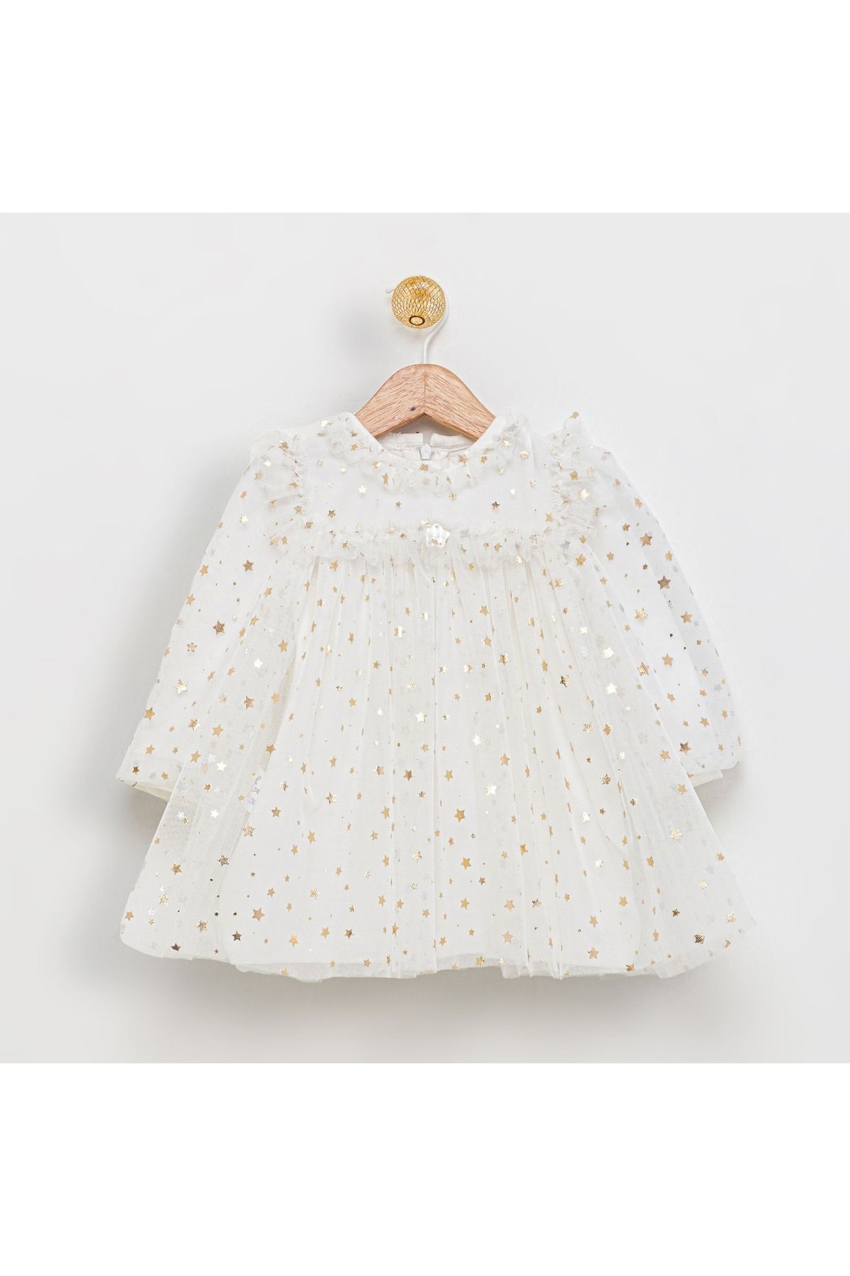 Baby-Gold Star Patterned Baby Girl Tulle Birthday Shooting Dress Ecru 1