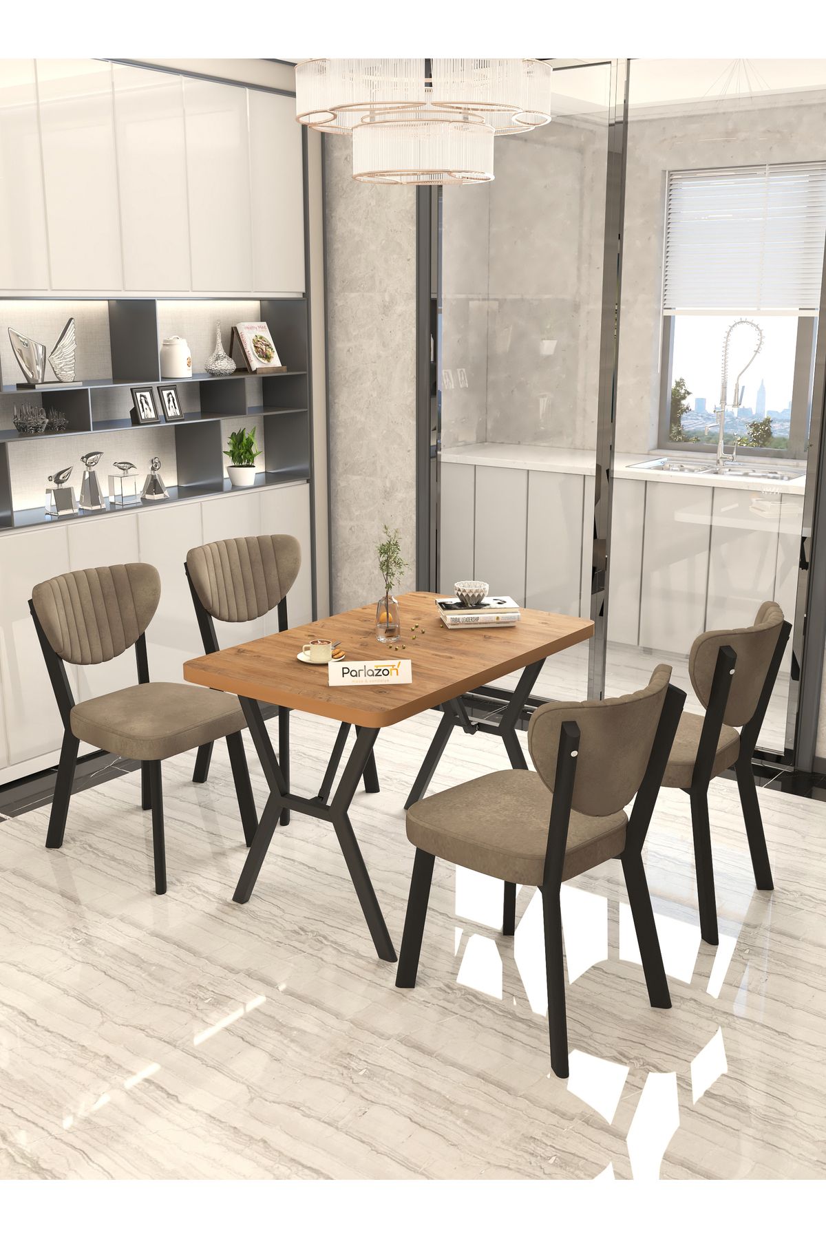 Parlazonhome Aras 70x110cm Sabit Atlantik, Yemek Masası, Yemek Masası Takımı, 4 Kahverengi Sandalye