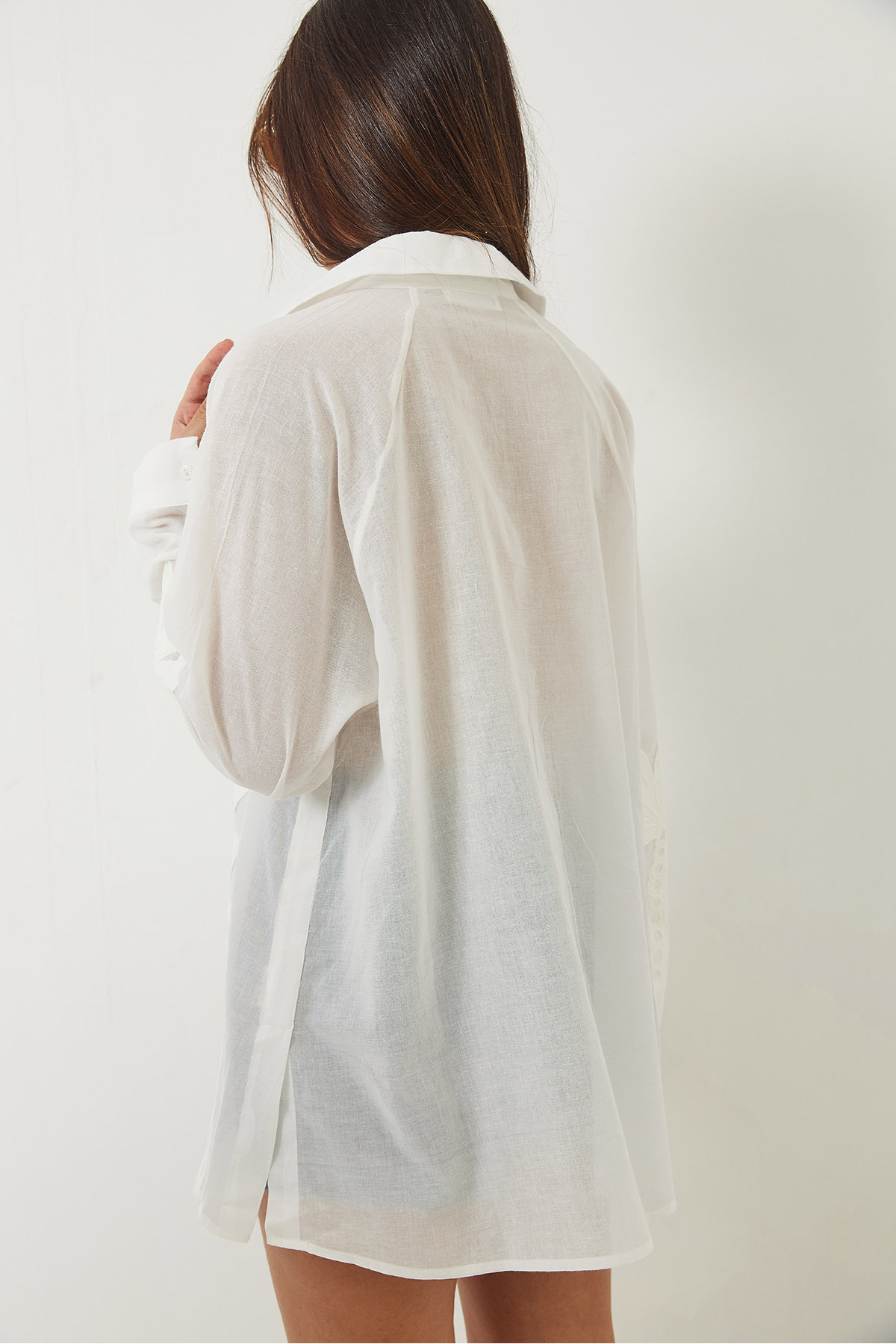 Bianco Lucci-Women's Palm Embroidered Long Sleeve Linen Shirt 60283017 6