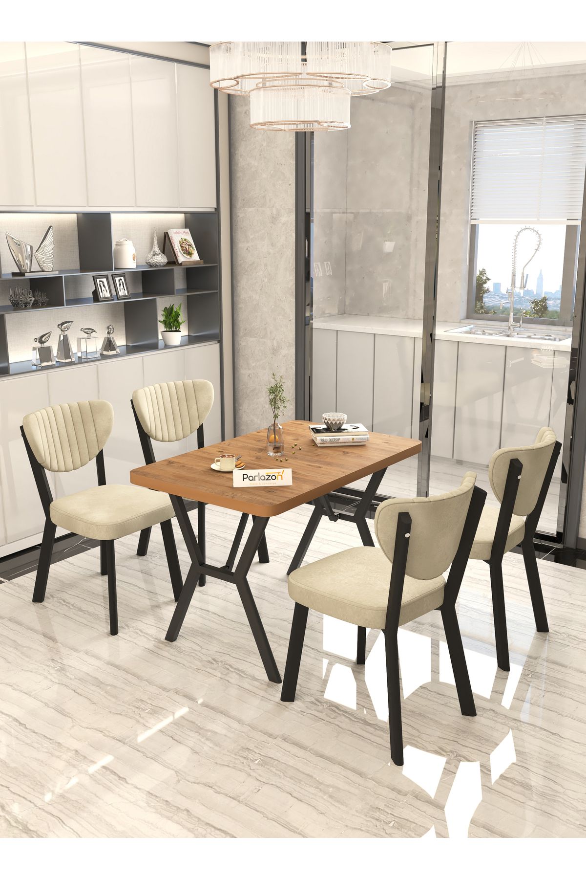 Parlazonhome Aras 70x110cm Sabit Atlantik, Yemek Masası, Yemek Masası Takımı, 4 Krem Sandalye