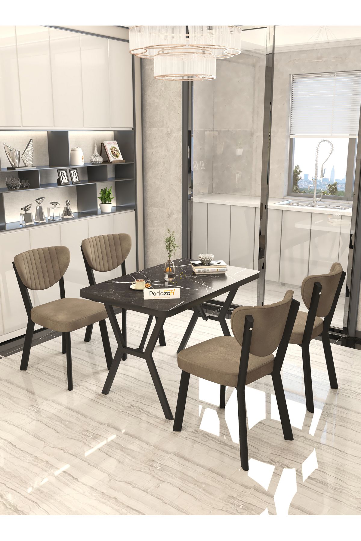 Parlazonhome Aras 70x110cm Sabit Siyah, Yemek Masası, Yemek Masası Takımı, 4 Kahverengi Sandalye