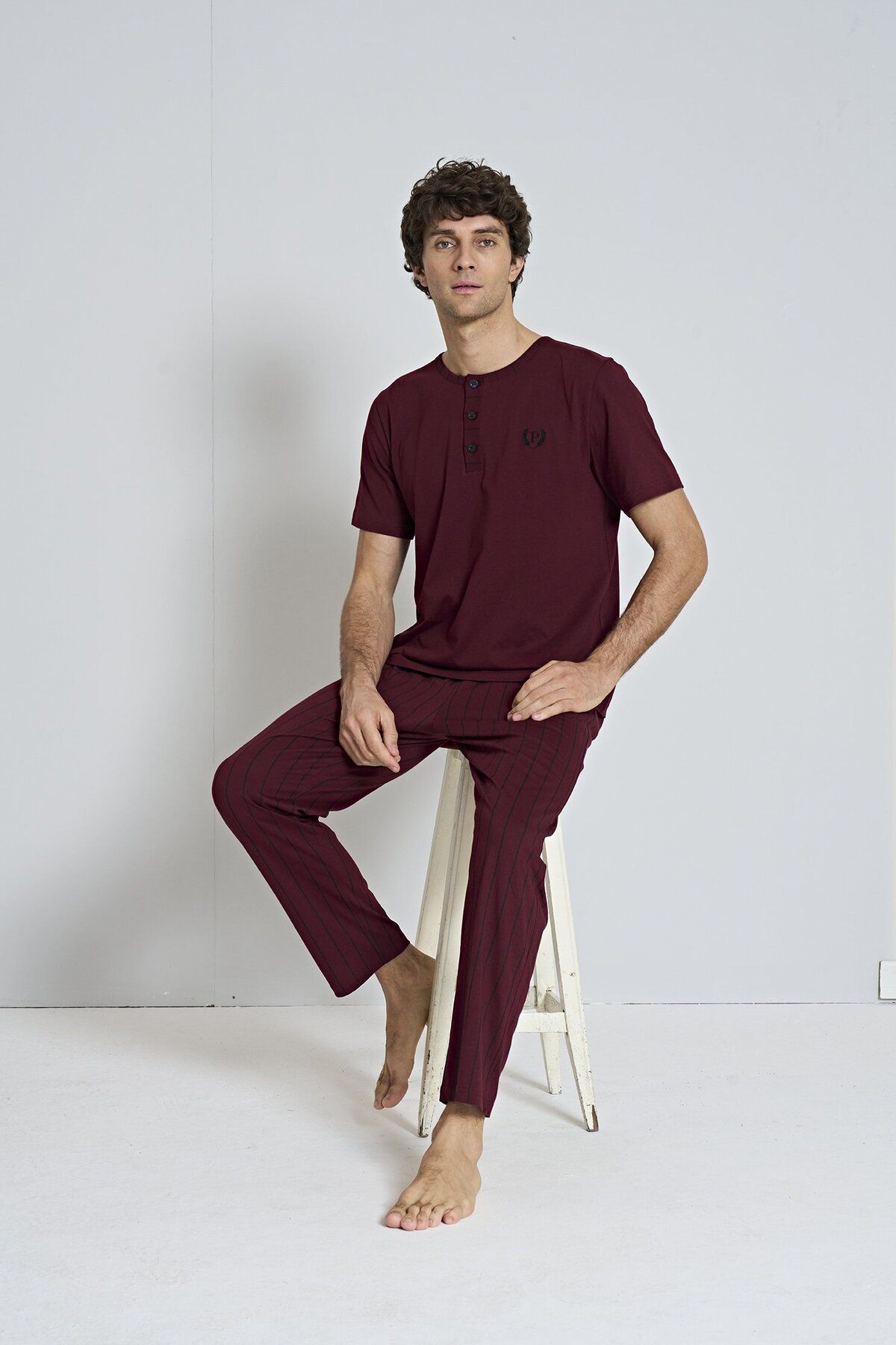 EGETEKS Erkek Bordo Çizgili Yaka Düğmeli Kısa Kollu Pijama Takımı