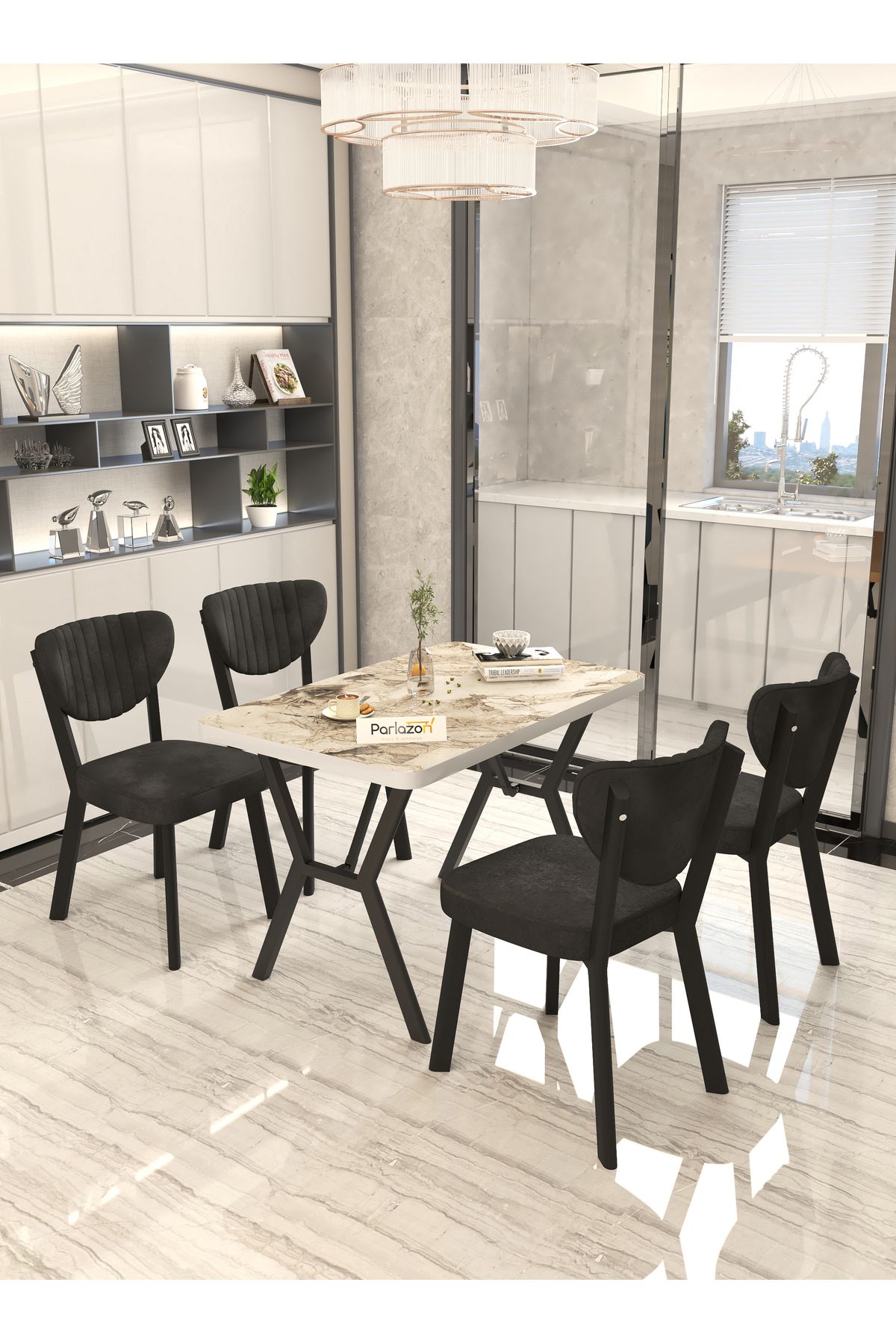 Parlazenhome Aras 70x110cm Sabit Efes, Yemek Masası, Yemek Masası Takımı, 4 Siyah Sandalye