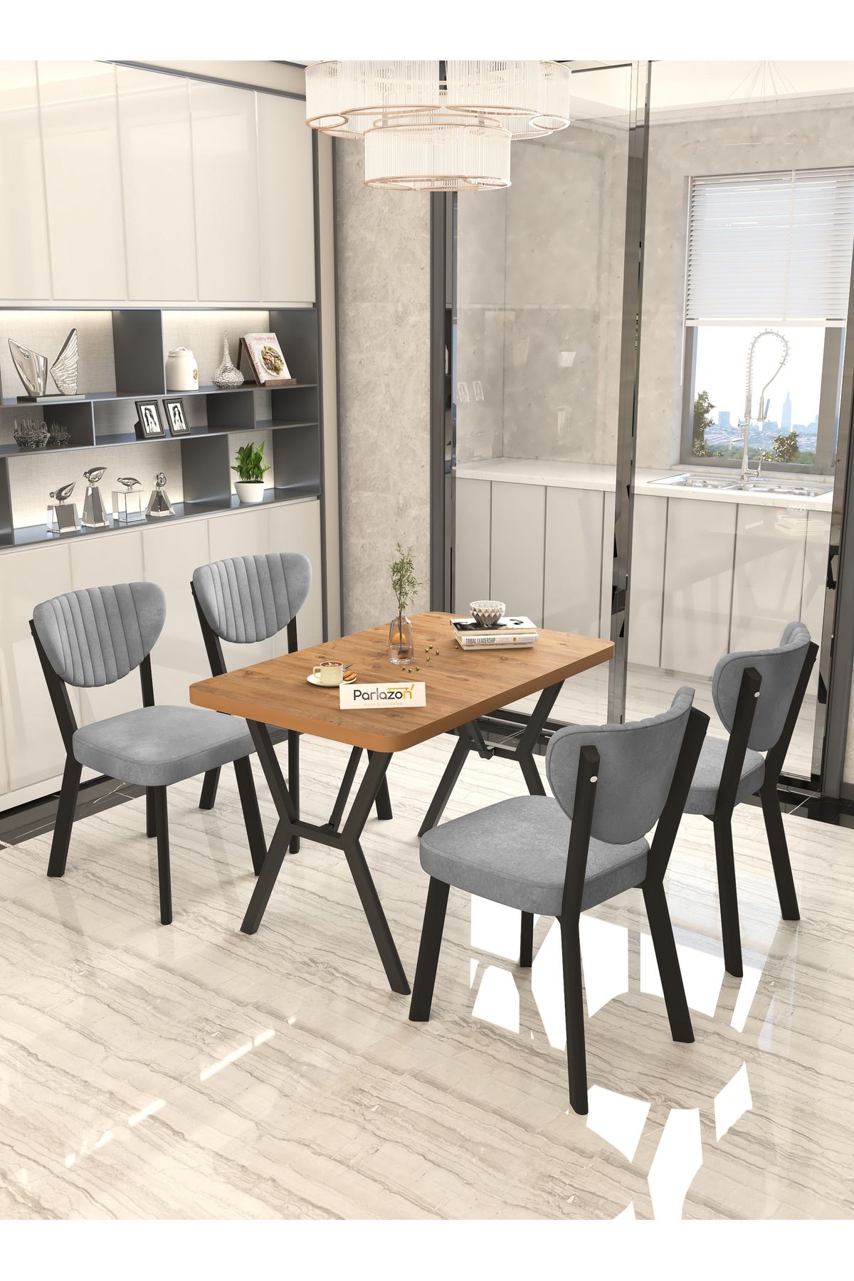 Parlazonhome Aras 70x110cm Sabit Atlantik, Yemek Masası, Yemek Masası Takımı, 4 Gri Sandalye