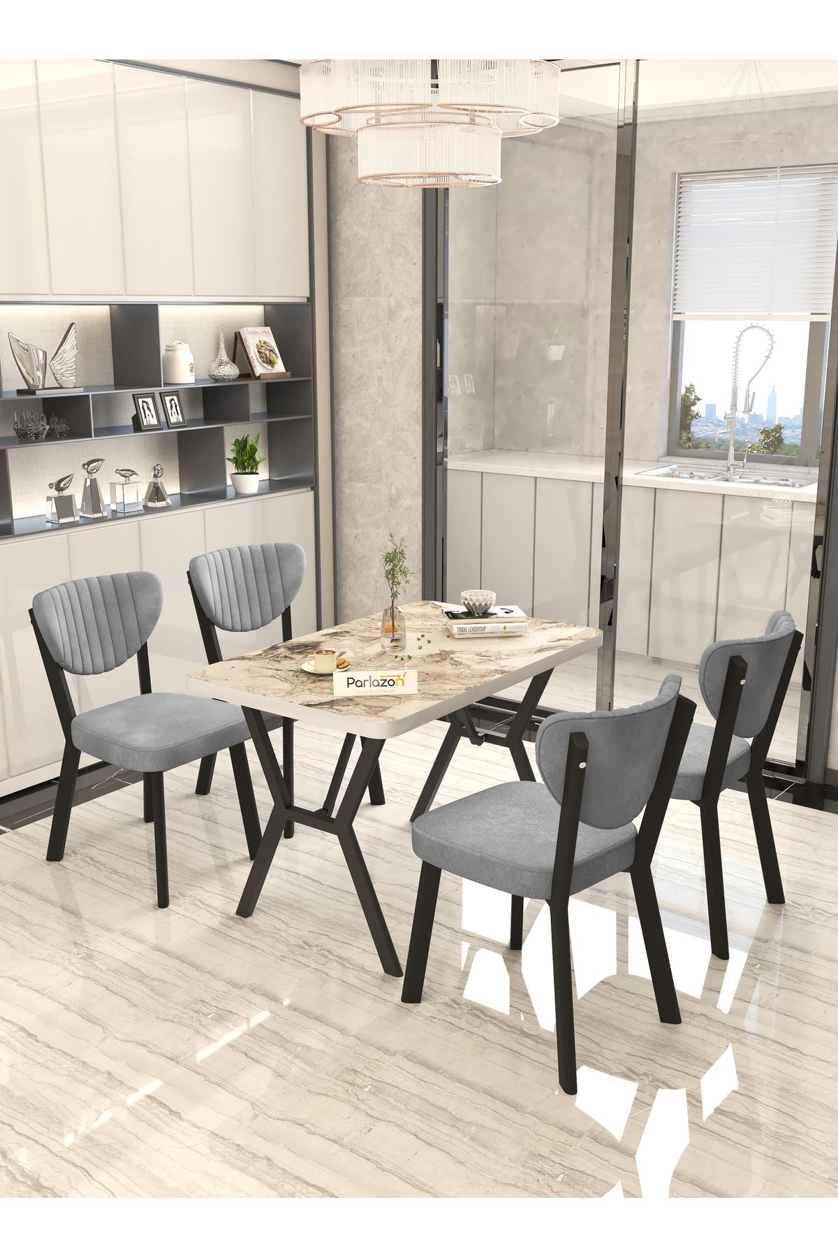 Parlazenhome Aras 70x110cm Sabit Efes, Yemek Masası, Yemek Masası Takımı, 4 Gri Sandalye