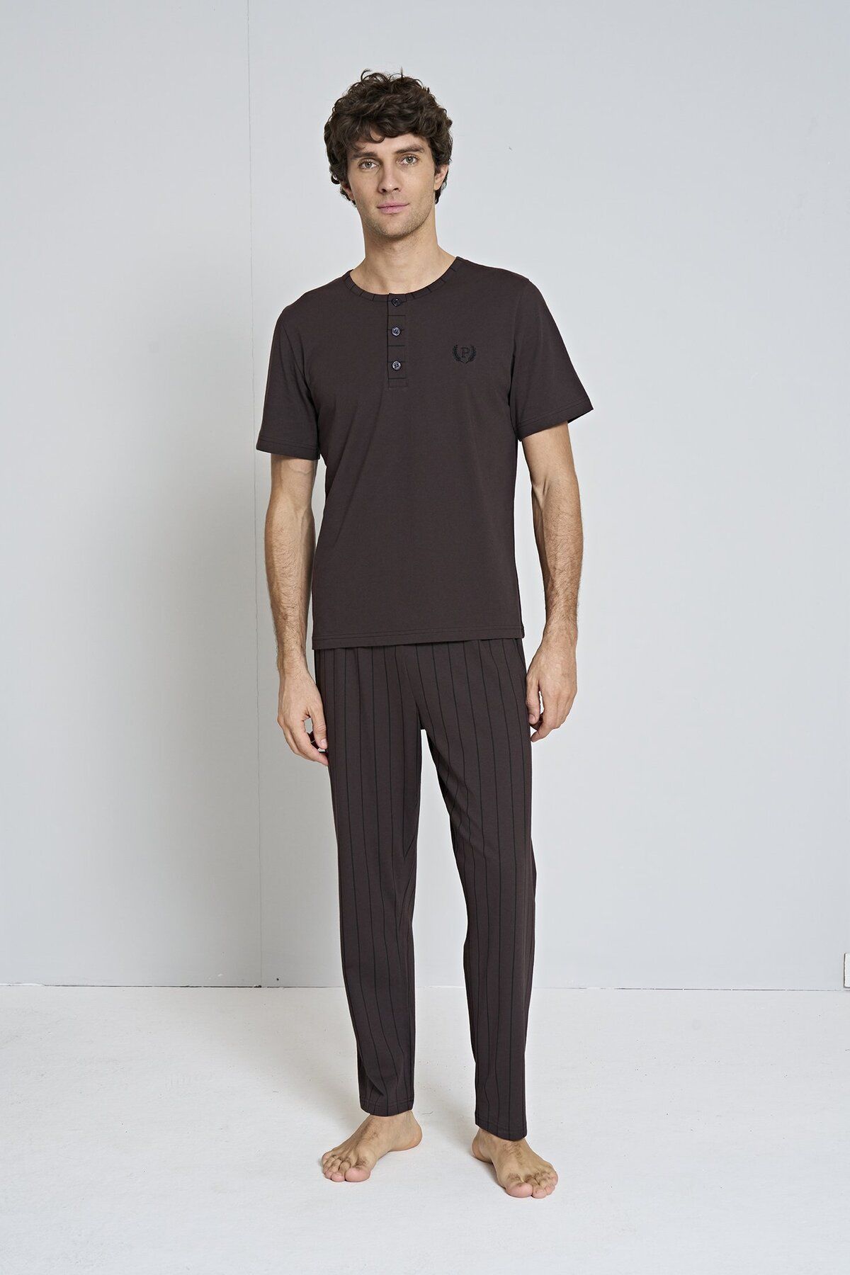 EGETEKS Erkek Bordo Çizgili Yaka Düğmeli Kısa Kollu Pijama Takımı