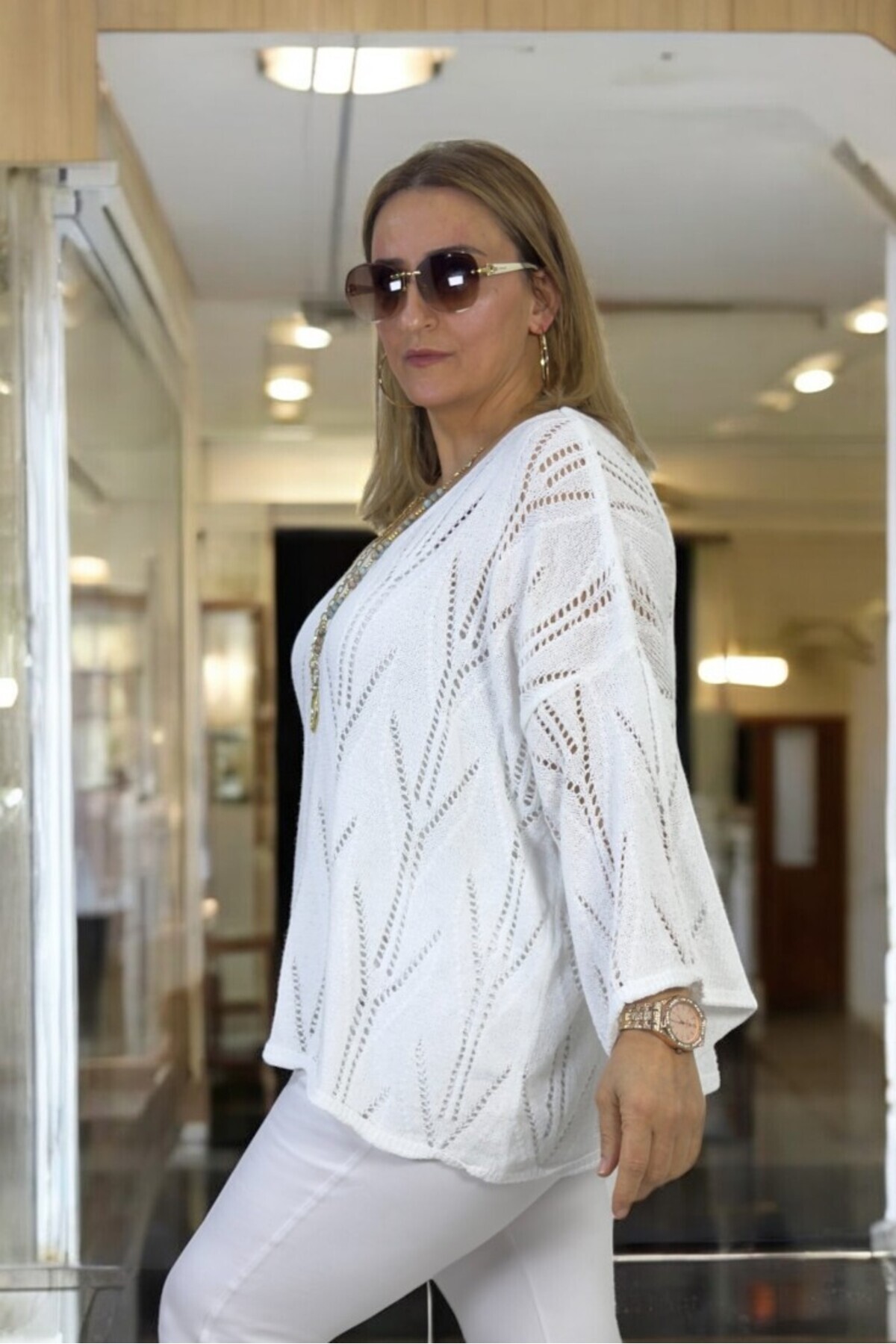 yagmurberen-Boat Neck Openwork Patterned Large Size Italian Mercerized Bluz Sweater 3