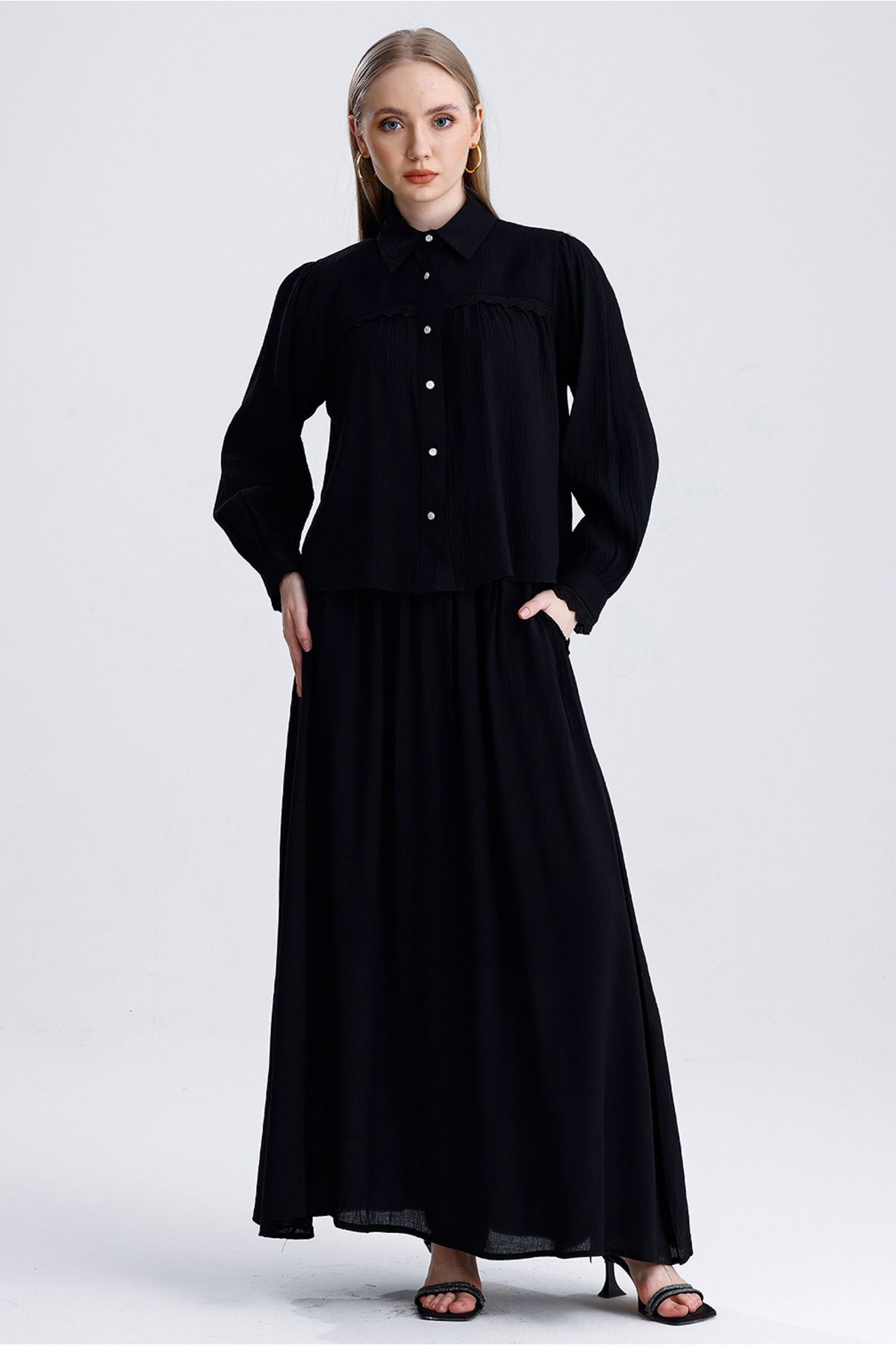 MD trend-Women's Lace Detailed Pocket Bell Skirt and Crop Shirt Double Summer Linen Set 2