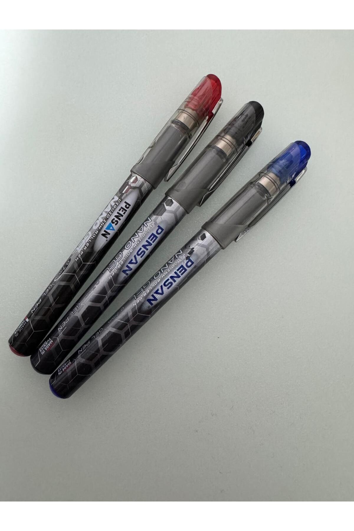 Pensan Roller Kalem Nano Gel Jel Bilye Uçlu 0.7 MM Mavi, Kırmızı, Siyah Renk (3 Adet)