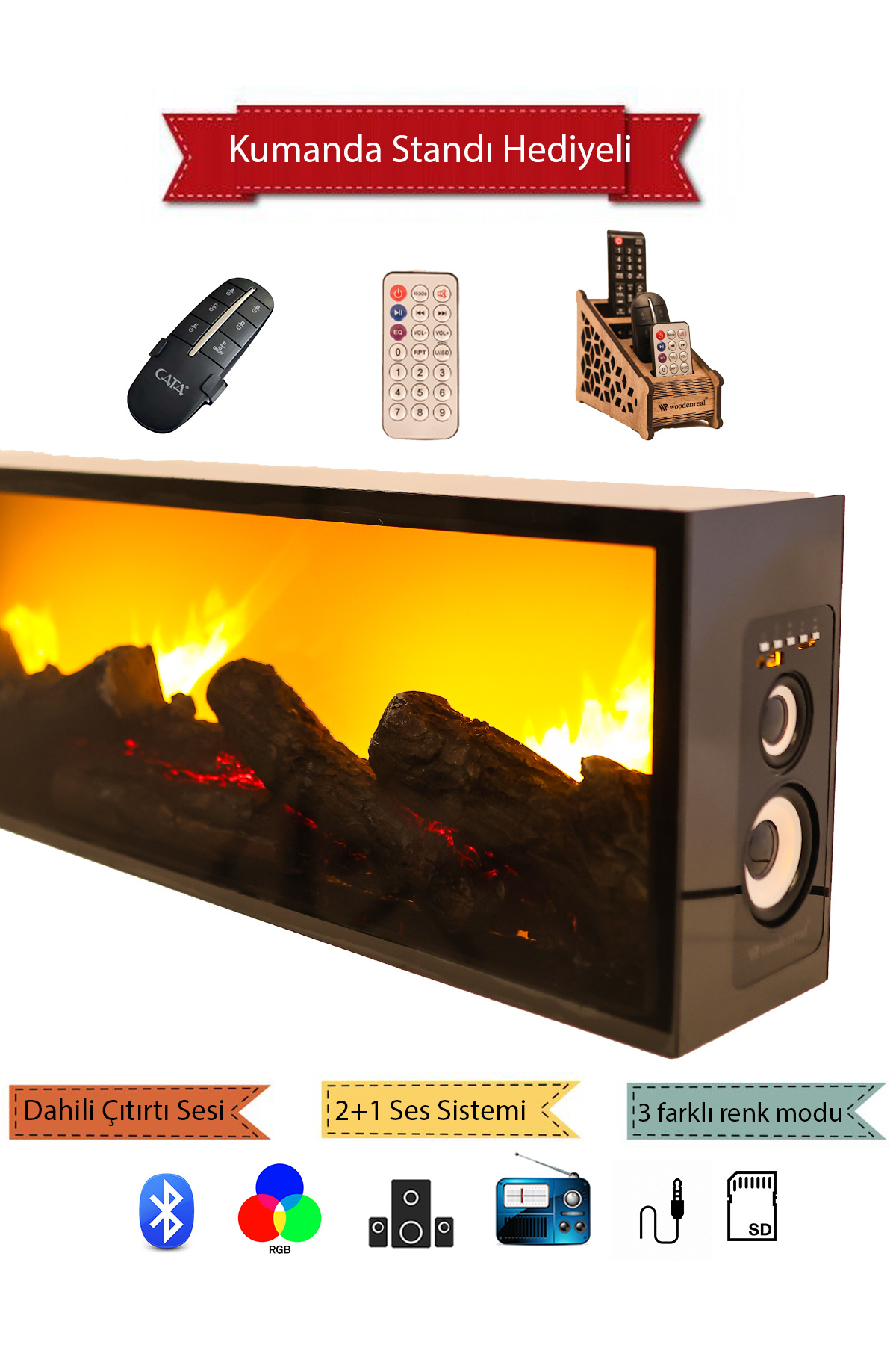 woodenreal Dekoratif Elektrikli Yapay Şömine - 70cm x 35cm x 15cm - Renk Modu + Bluetooth + Kumanda + Hediyeli