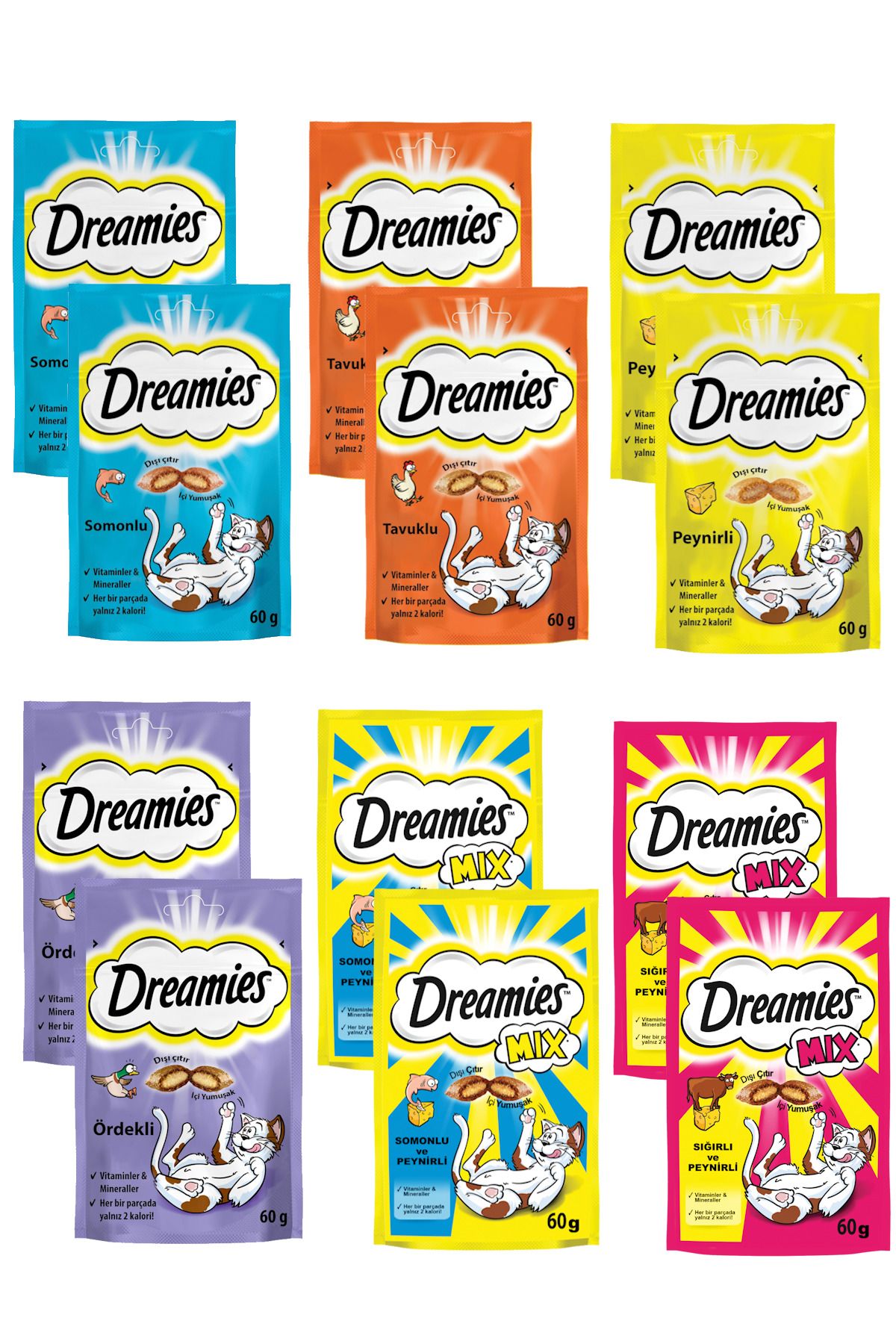 Dreamies Kedi Ödül Mama Seti 60 gr x 12 Adet (Sığır ve Peynir, Somon ve Peynir, Tavuk, Ördek, Somon, Peynir)