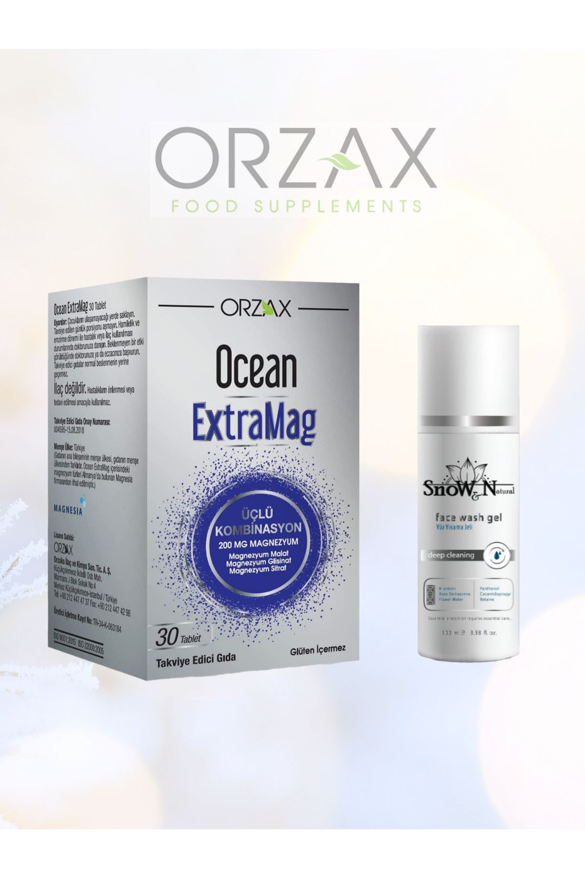 Ocean ExtraMag Üçlü Magnezyum Kombinasyonu 30 Tablet Güçlü magnezyum takviyesi & 100ml Yüz Temizleme Jeli