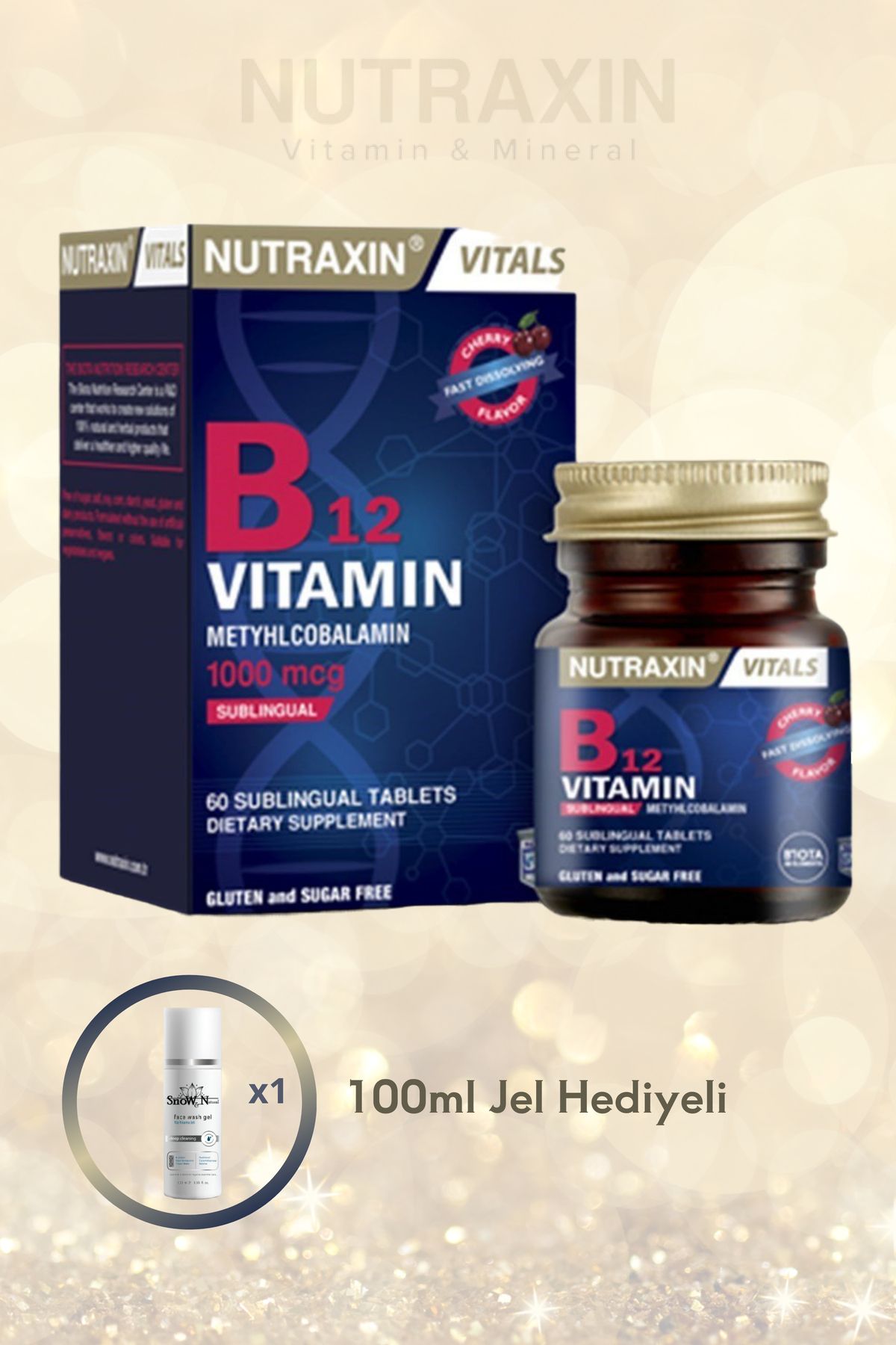 Nutraxin B12 Vitamin 1000mcg 60 Tablet (Metilkobalamin) dilaltı & 100 ml yüz temizleme jeli