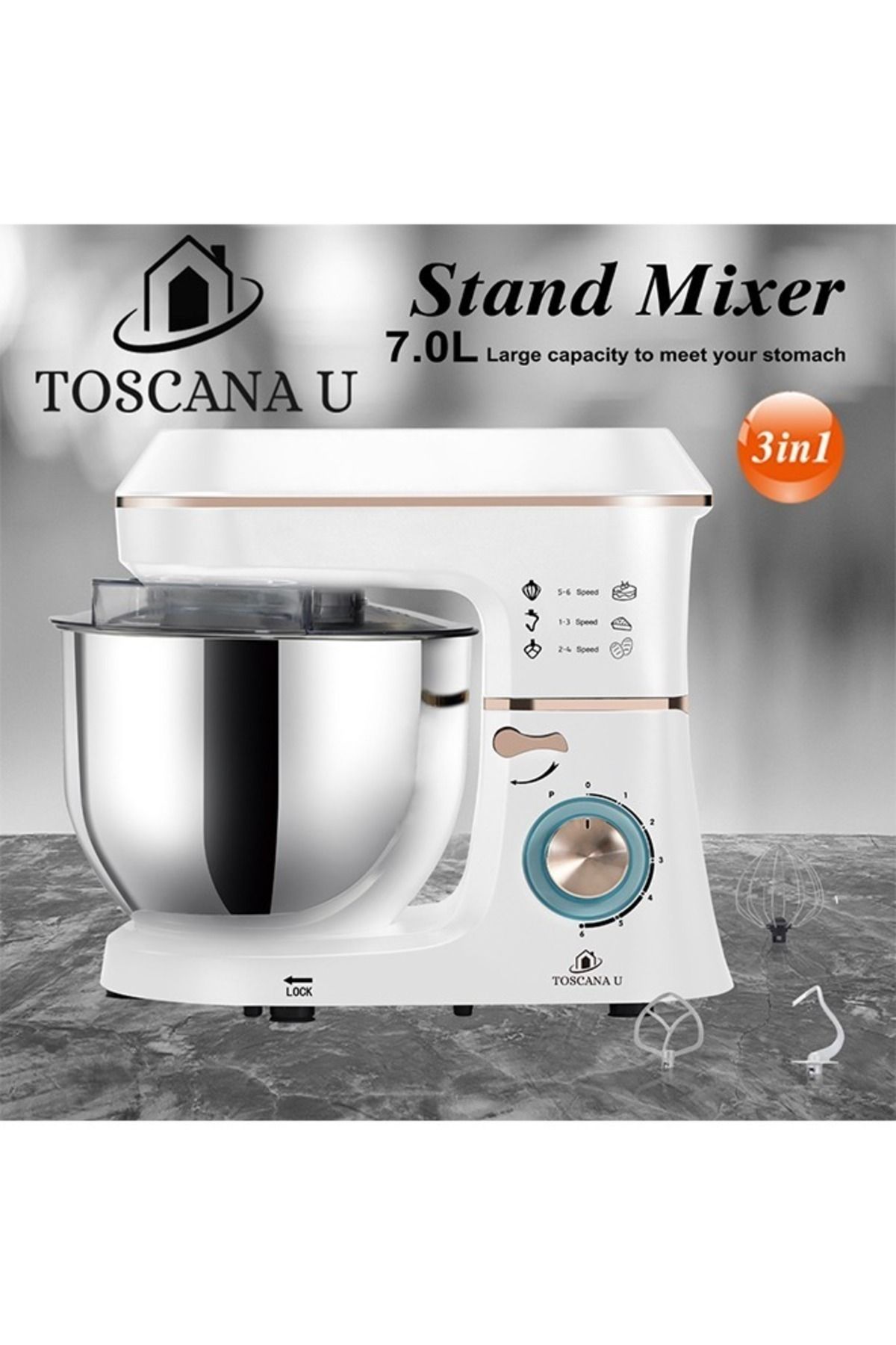 TOSCANA U-Hyper Plus Electric Kneader, 7 Liters, 1400 Watts, With Lid And Led Lighting 4