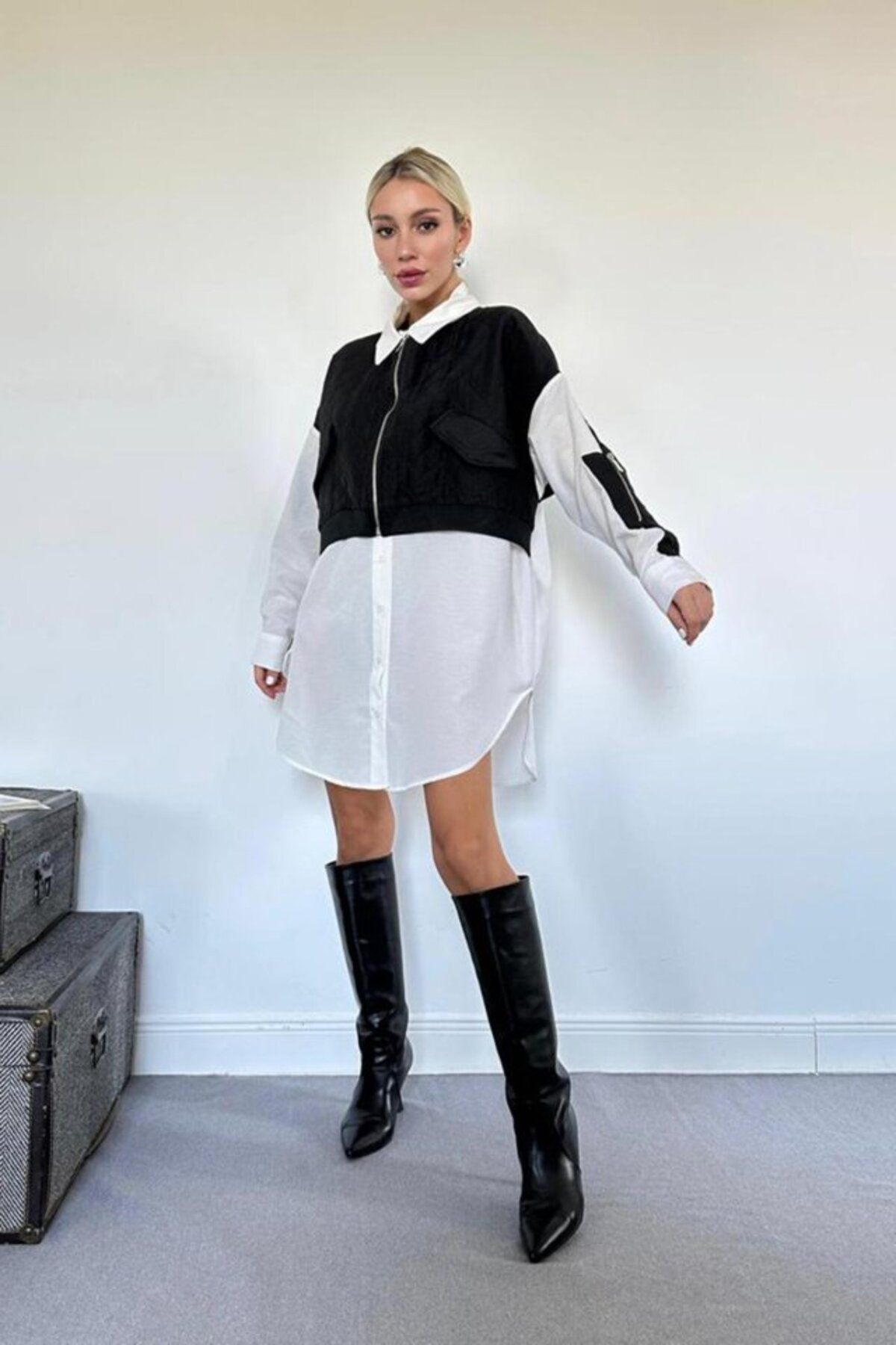 velmorafashion Siyah Kapitone Garnili Gömlek