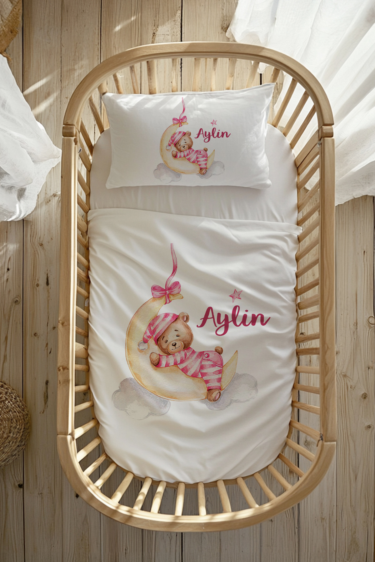 100% Cotton Satin Named Mother's Side Crib Duvet Cover Set (60X100 CM) Teddy Bear
