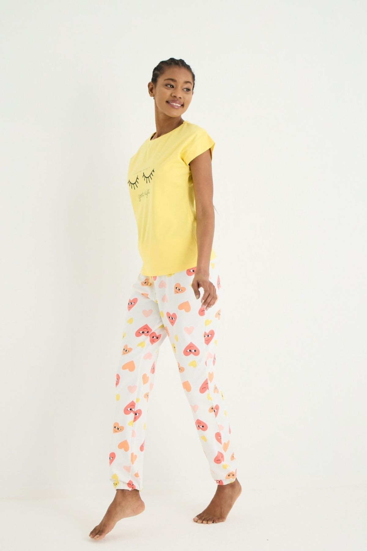 Kalp Desenli Paça Lastikli Baskılı Pijama Takımı - 3