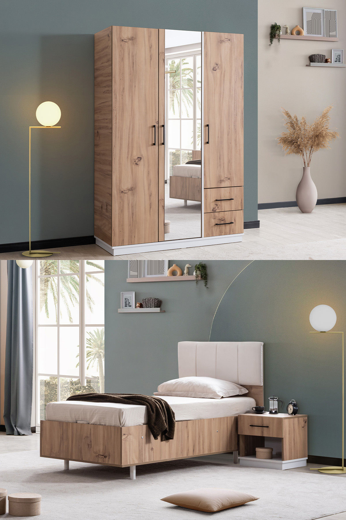 Setay Genç Odası Efes 3 Kapaklı Dolap,Bazalı Karyola,Komodin Ceviz Krem