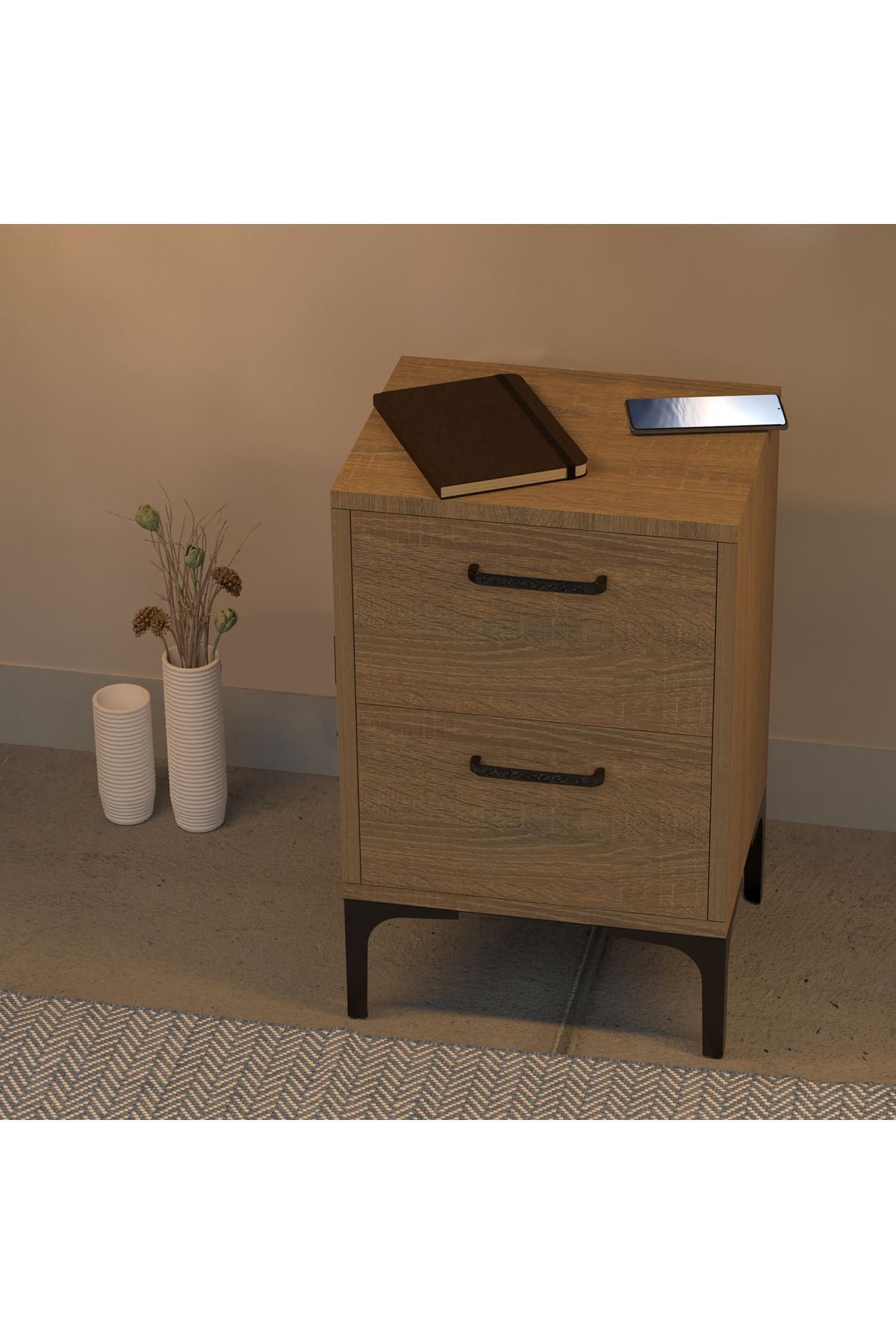 Mahmayi-Modern Side Table with 2 Soft-Close Drawers, Grey Bardilano Oak - Easy Assembly, Versatile 3