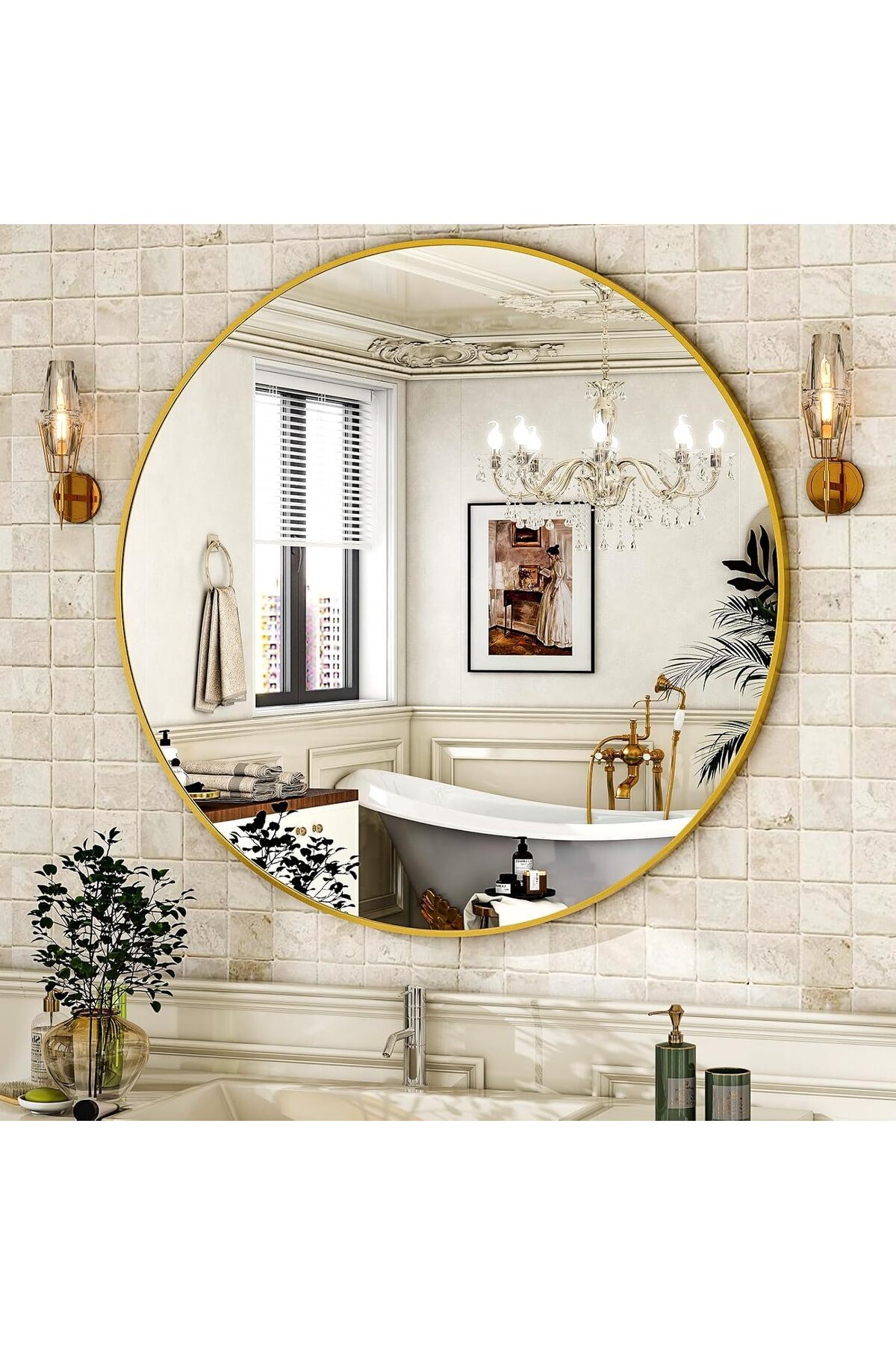 مرآه حائط دائرية انيقة اطار ذهبي مقاس 100سم