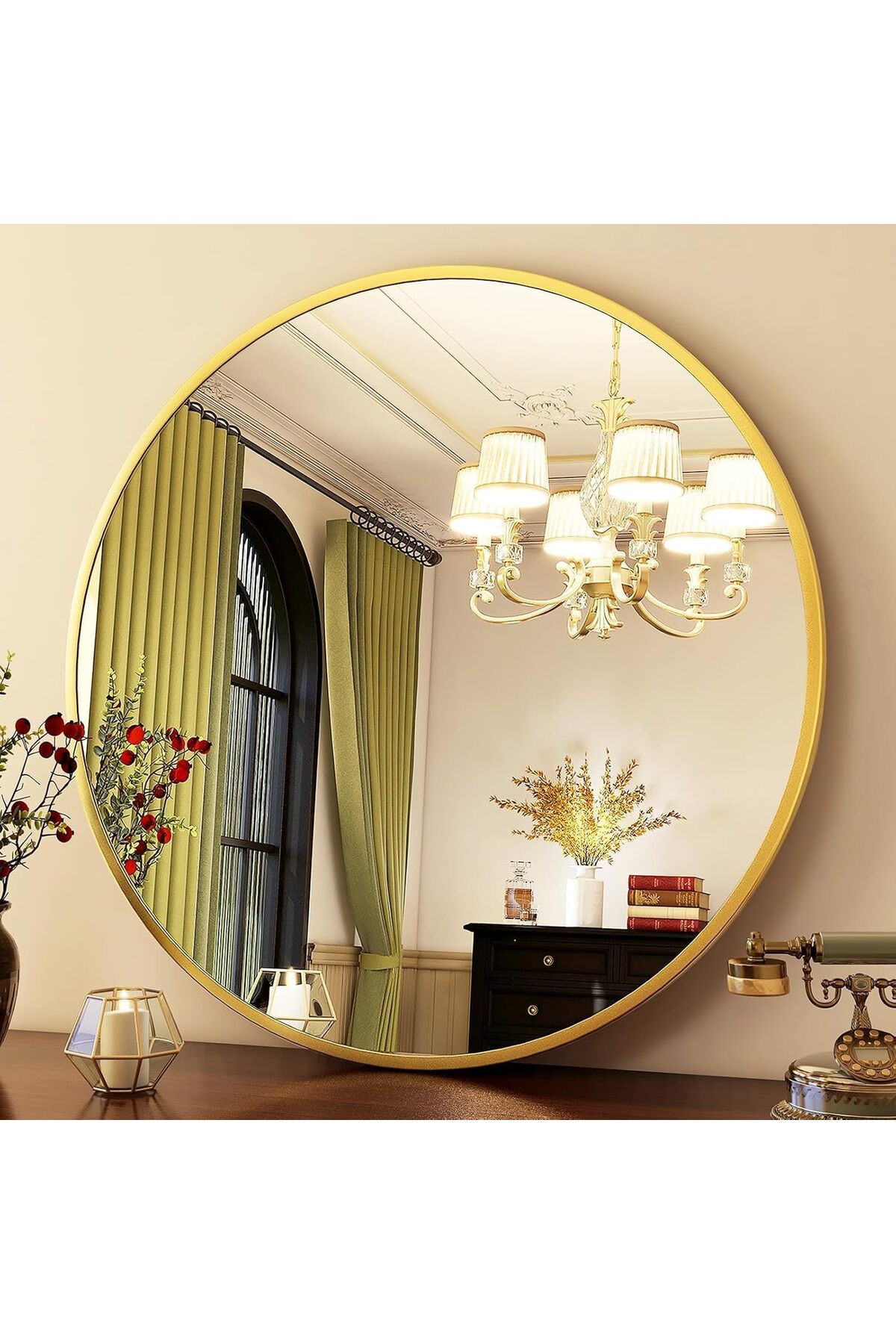 مرآه حائط دائرية انيقة اطار ذهبي مقاس 60سم