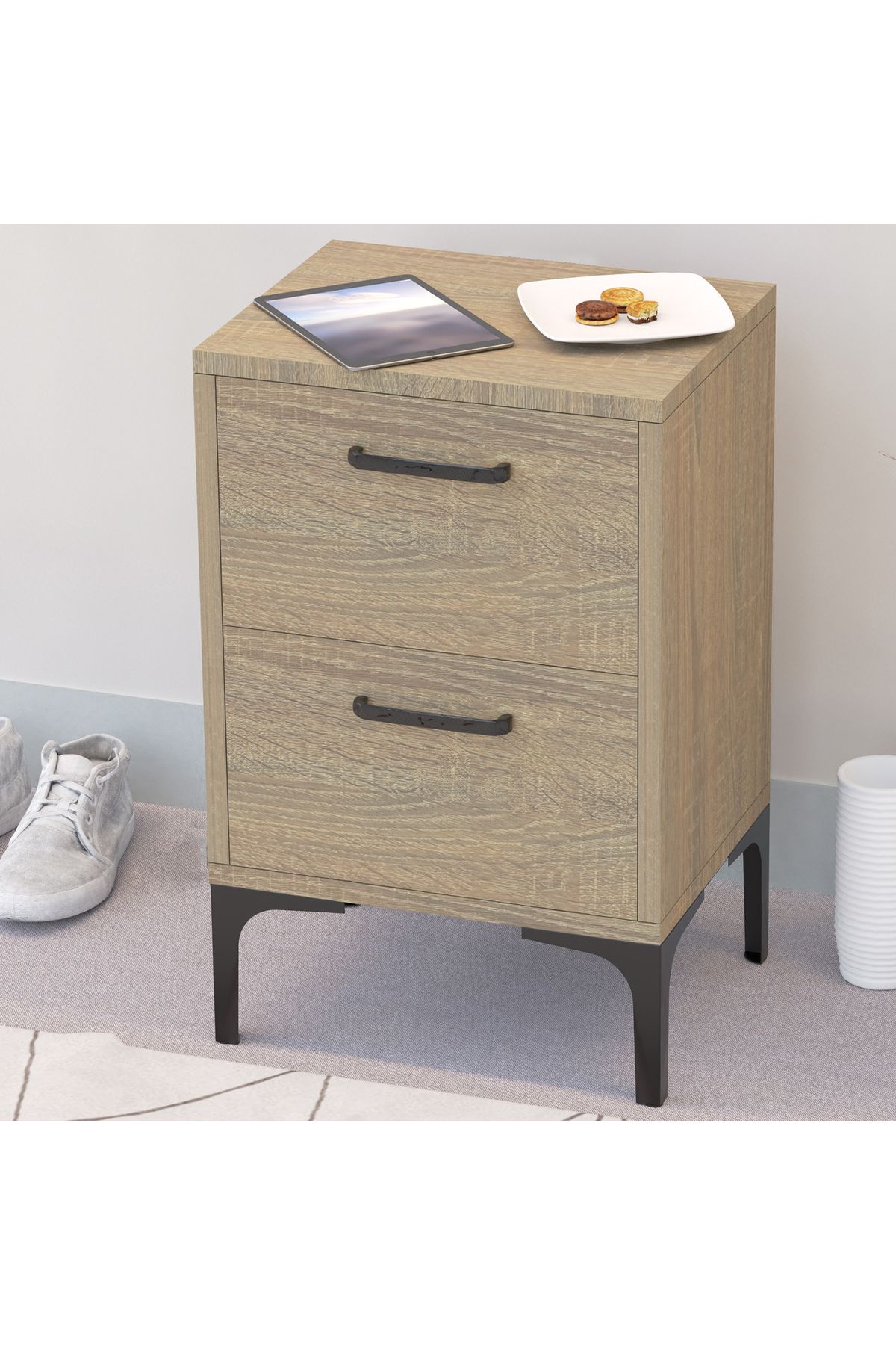 Mahmayi-Modern Side Table with 2 Soft-Close Drawers, Grey Bardilano Oak - Easy Assembly, Versatile 4