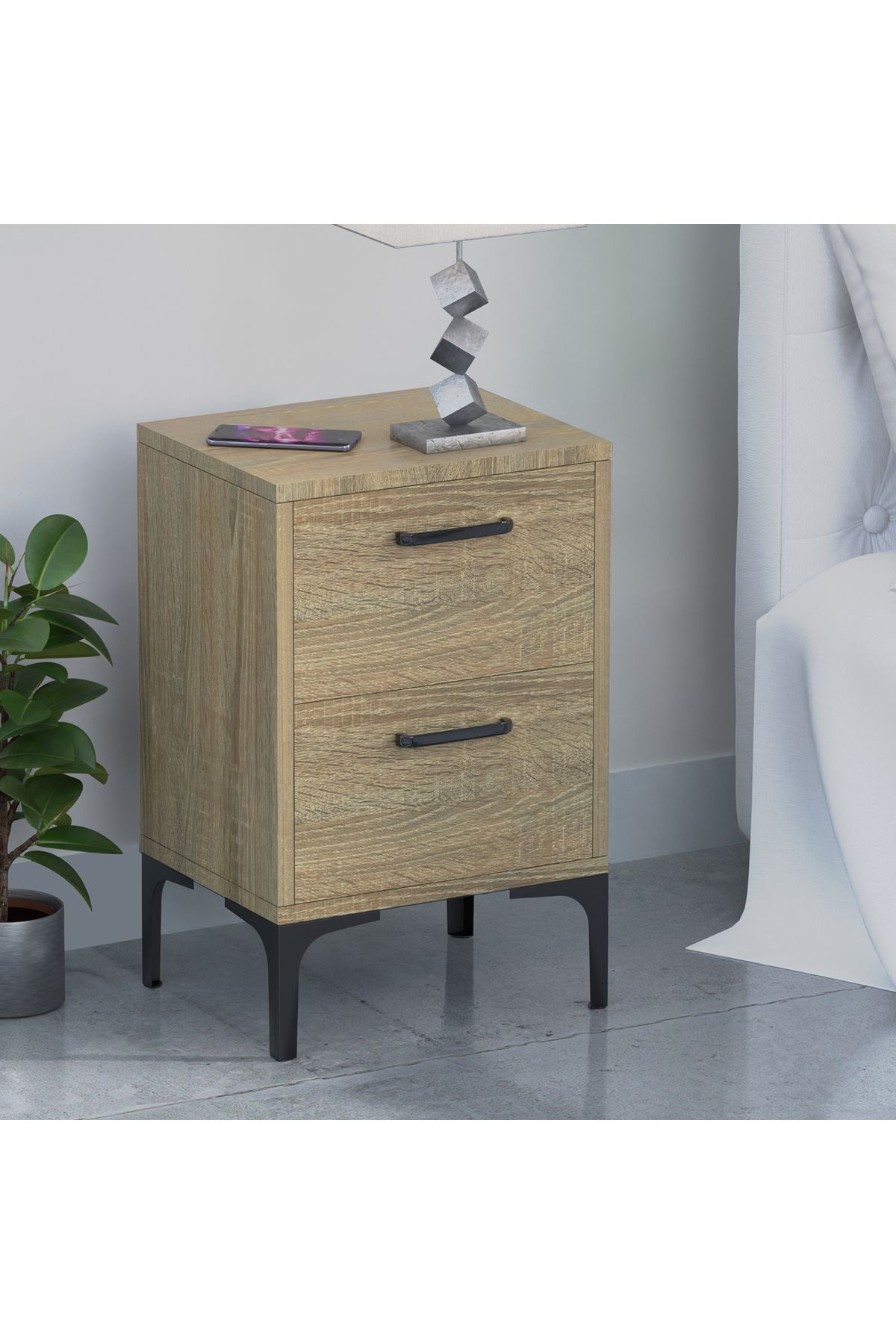 Mahmayi-Modern Side Table with 2 Soft-Close Drawers, Grey Bardilano Oak - Easy Assembly, Versatile 2