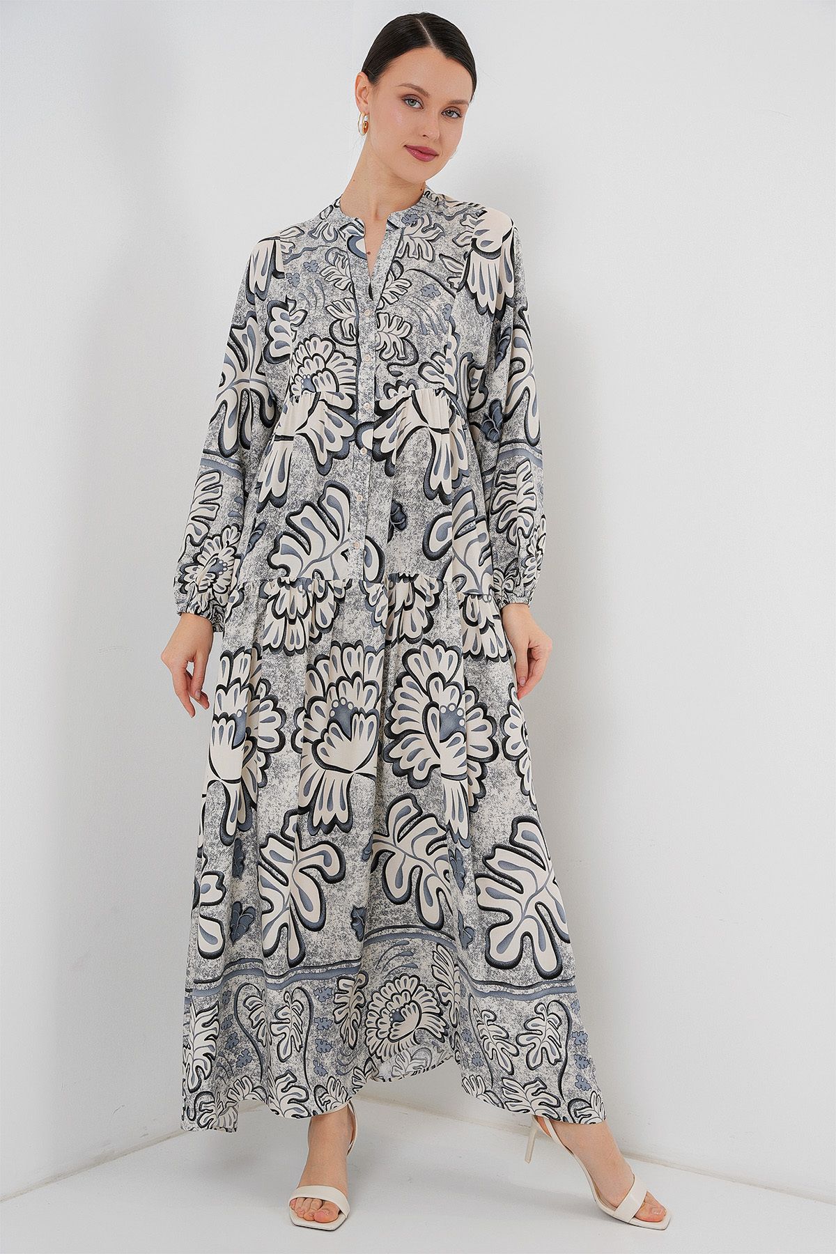 Bigdart-2423 Authentic Patterned Hijab Dress - K. Anthracite 3