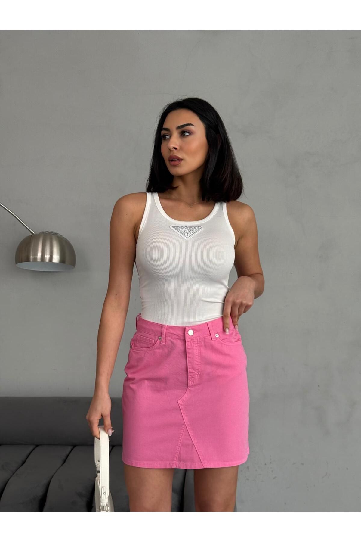 Zeo Basic-Mini Pink Skirt with Stitching Detail 6