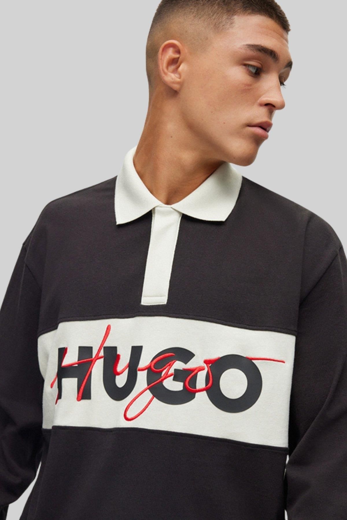 تی شرت یقه پولو مردانه آستین بلند یاکا سیاه و سفید Hugo Boss